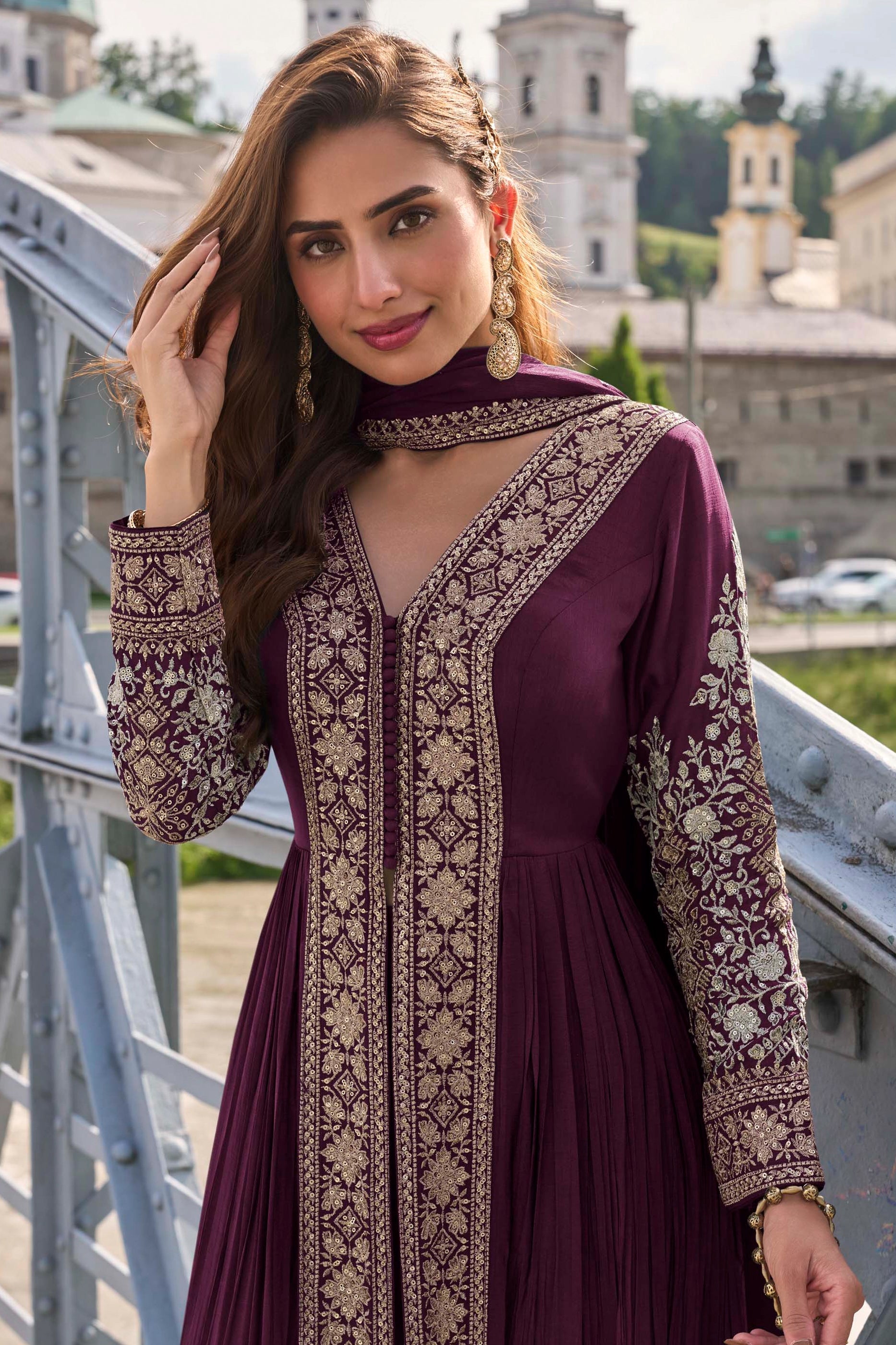 Wine Readymade Embroidered Chinon Suit-SAR11376_2_SareeButa.com