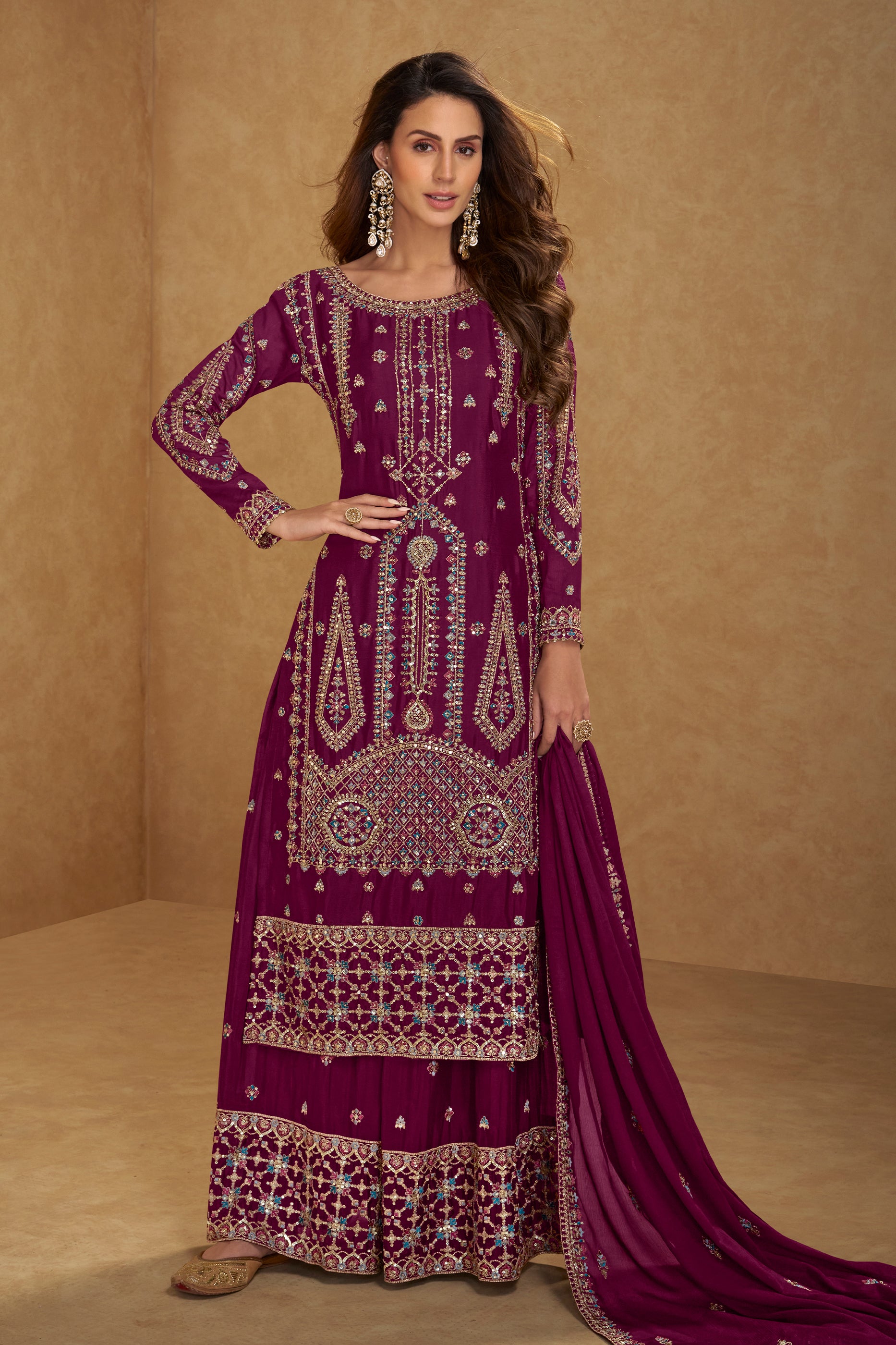 Wine Readymade Embroidered Chinon Suit-SAR12235_1_SareeButa.com
