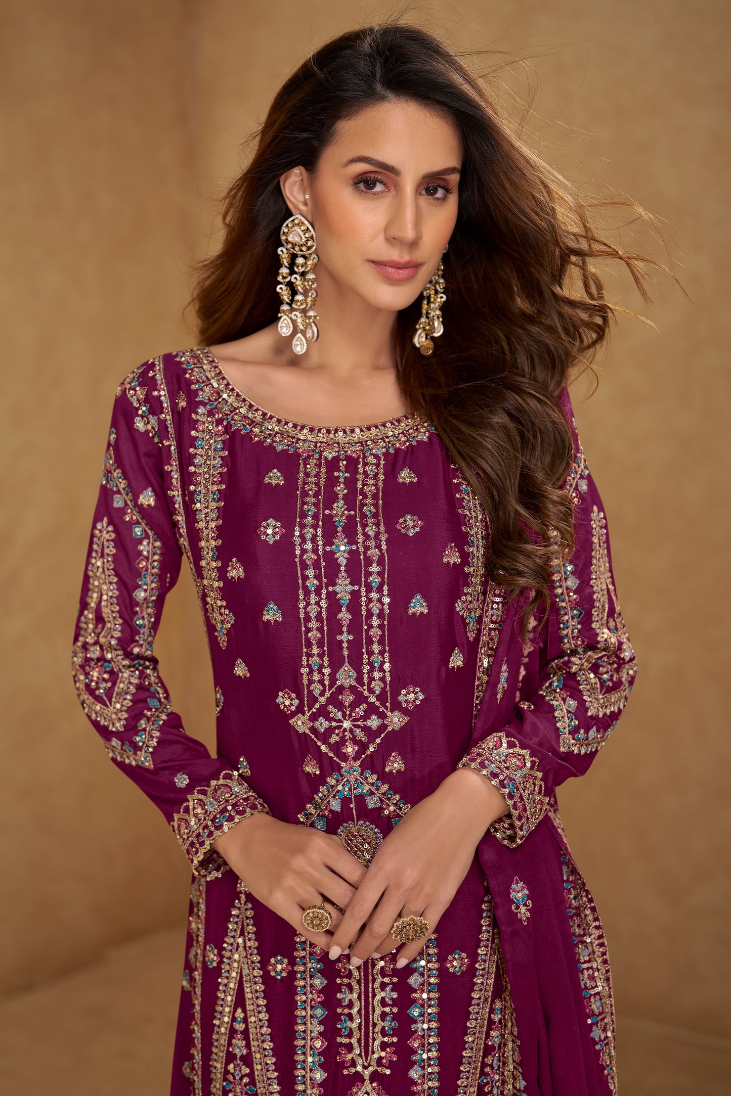 Wine Readymade Embroidered Chinon Suit-SAR12235_2_SareeButa.com
