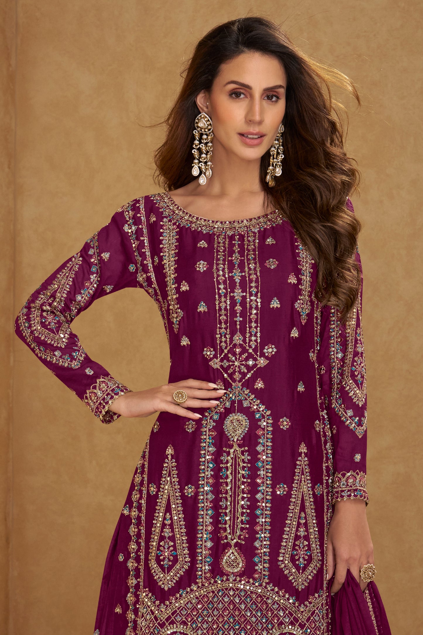 Wine Readymade Embroidered Chinon Suit-SAR12235_3_SareeButa.com