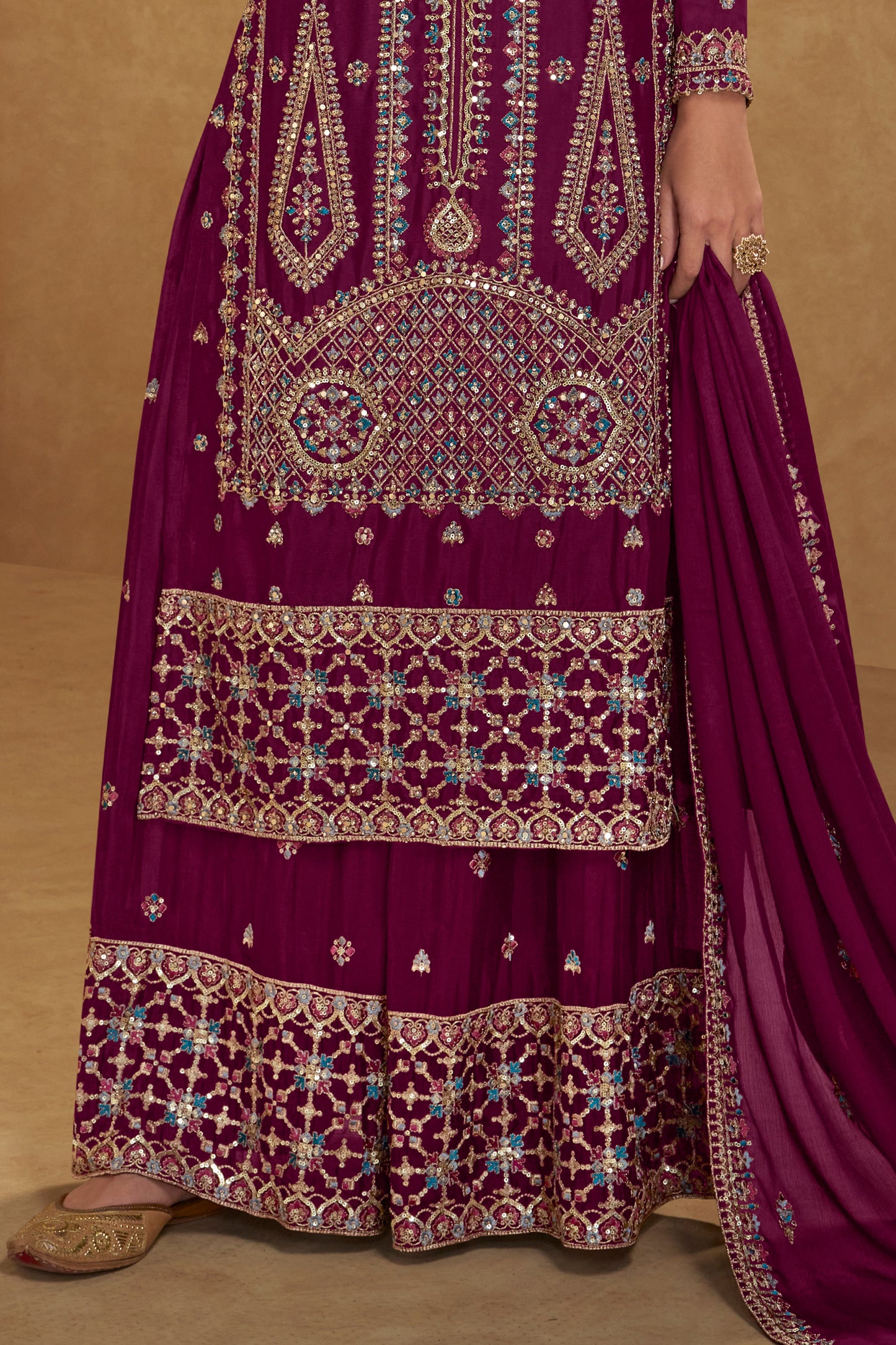 Wine Readymade Embroidered Chinon Suit-SAR12235_4_SareeButa.com