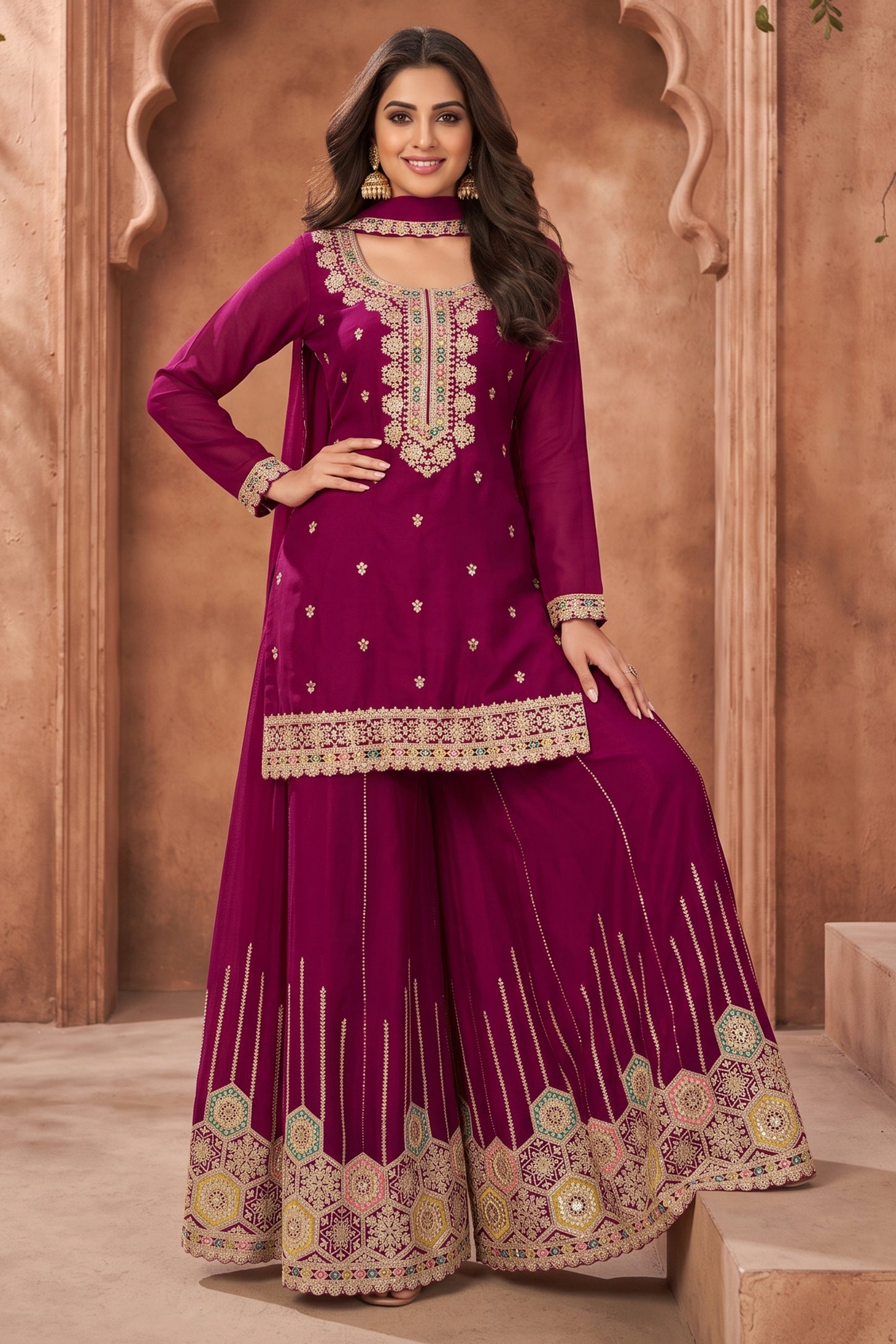 Wine Readymade Embroidered Chinon Suit-SAR13036_1_SareeButa.com