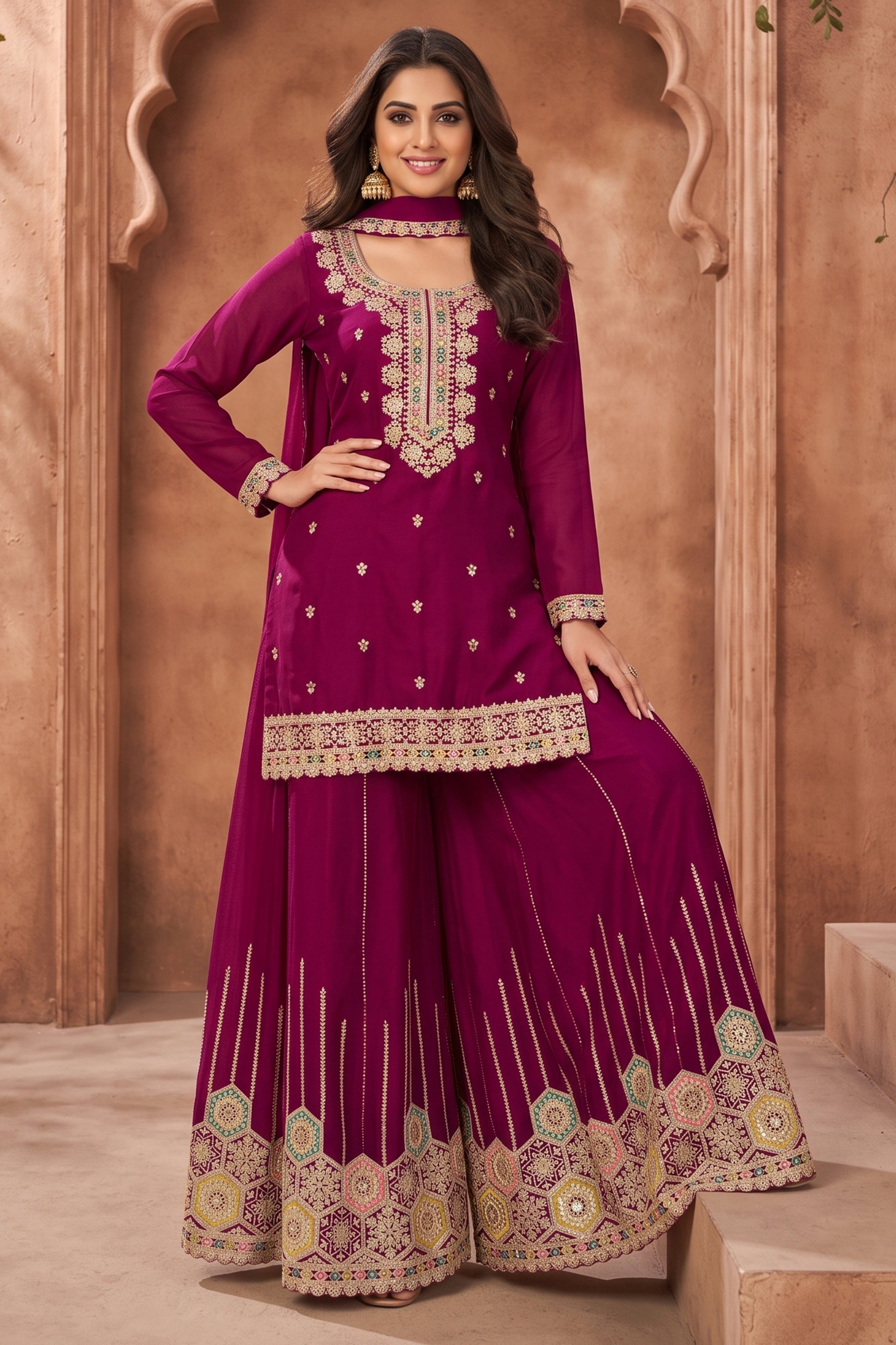 Wine Readymade Embroidered Chinon Suit-SAR13036_1_SareeButa.com