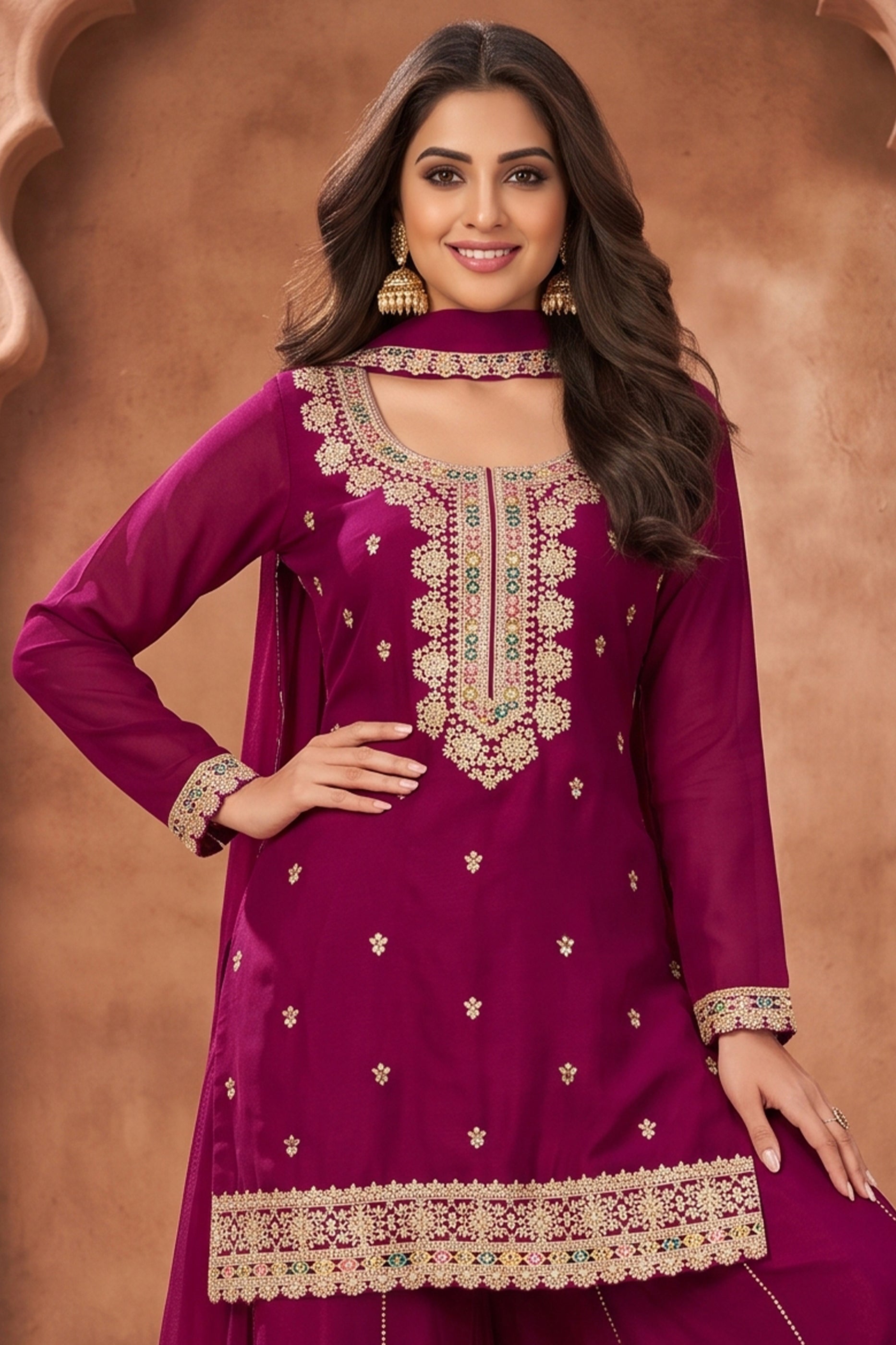 Wine Readymade Embroidered Chinon Suit-SAR13036_2_SareeButa.com