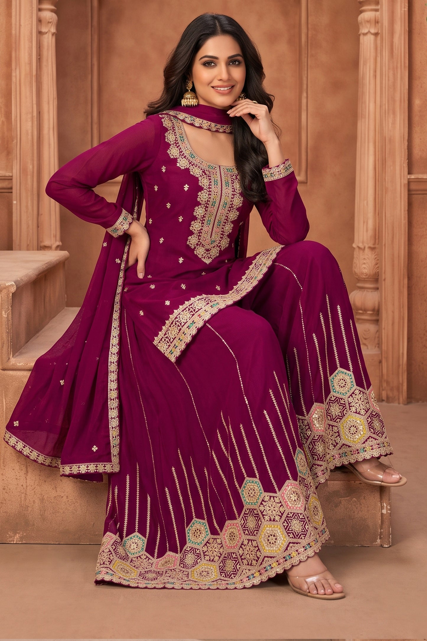 Wine Readymade Embroidered Chinon Suit-SAR13036_3_SareeButa.com