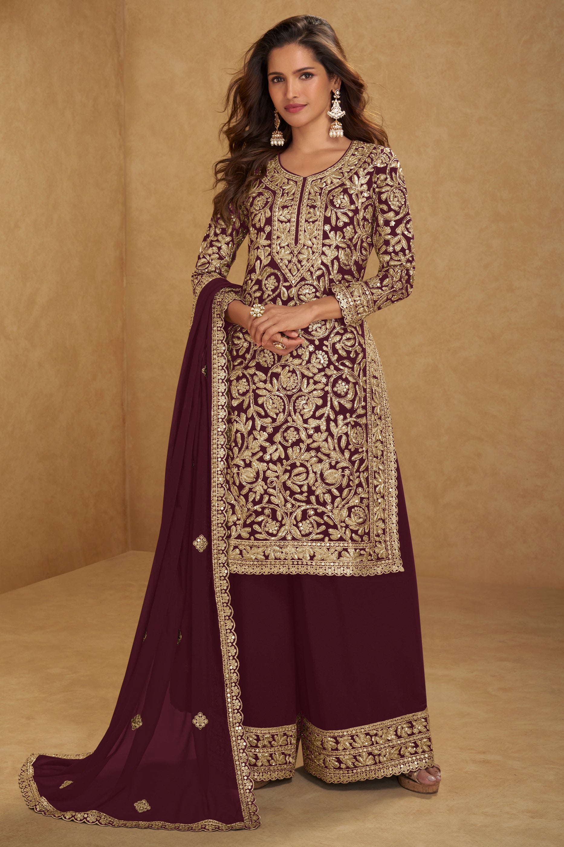 Wine Readymade Embroidered Georgette Suit-SAR12206_1_SareeButa.com