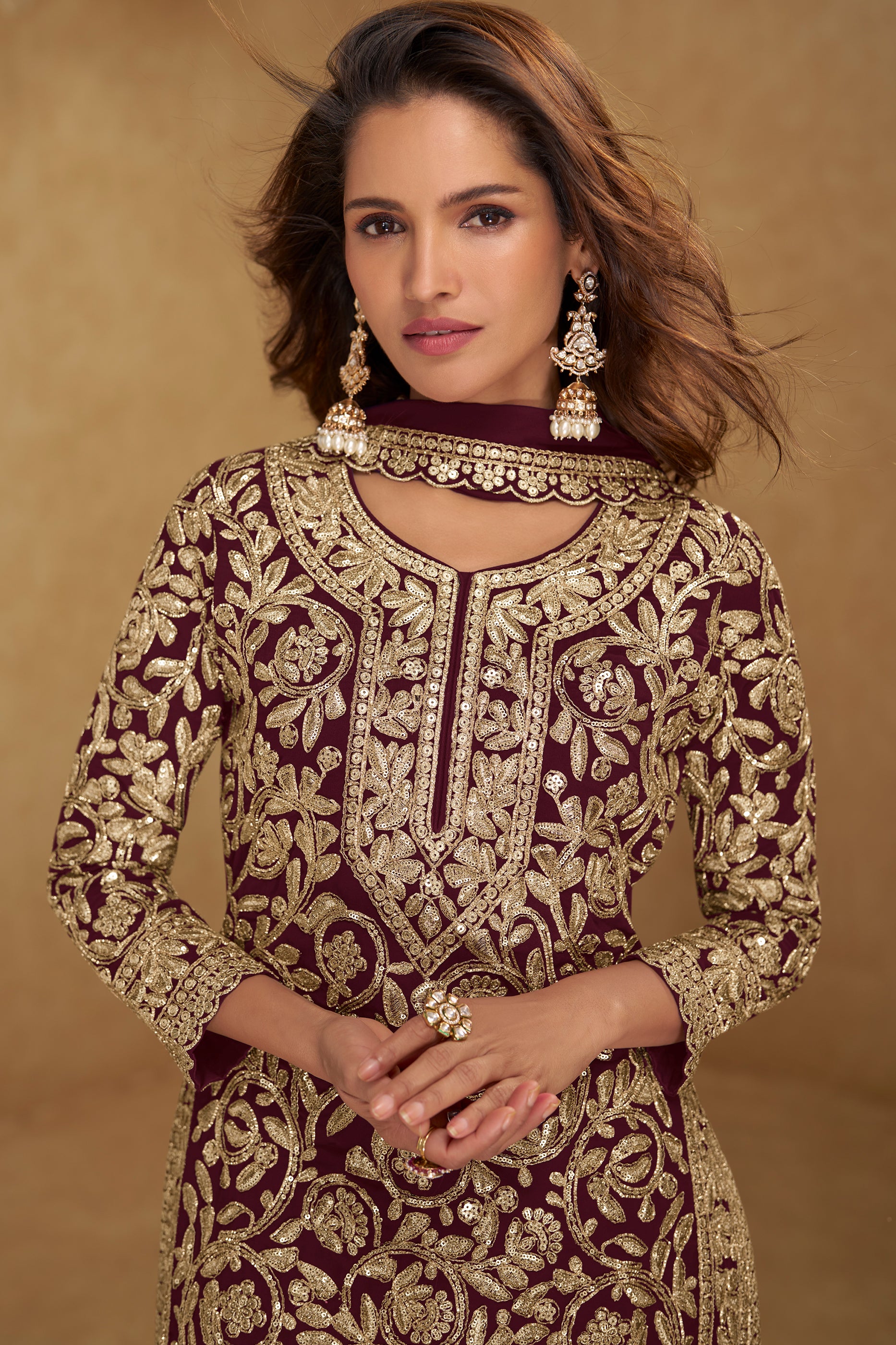 Wine Readymade Embroidered Georgette Suit-SAR12206_2_SareeButa.com