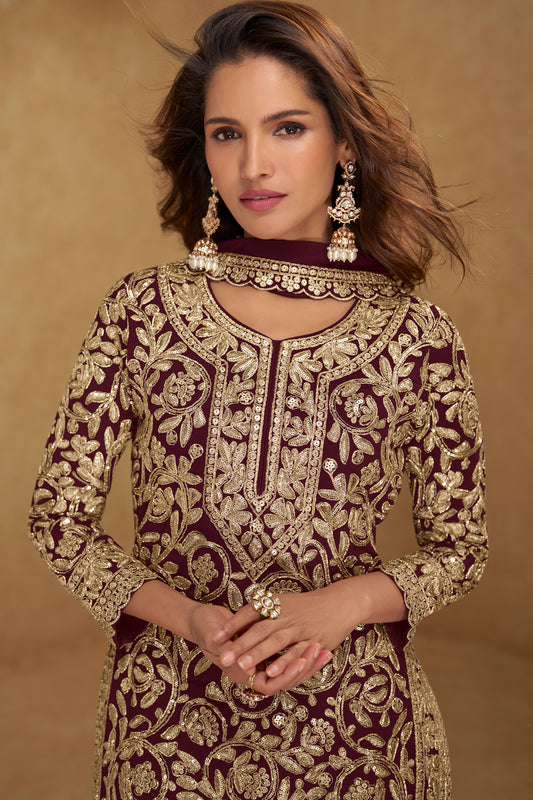 Wine Readymade Embroidered Georgette Suit-SAR12206_2_SareeButa.com