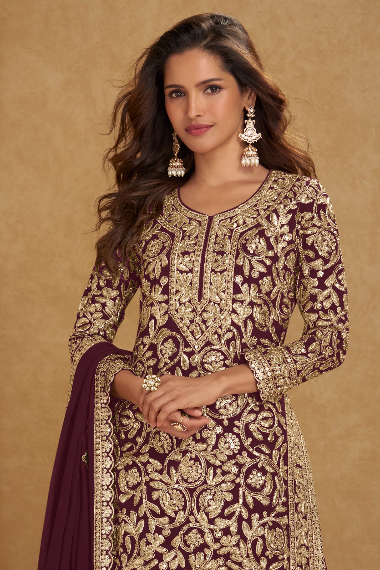 Wine Readymade Embroidered Georgette Suit-SAR12206_3_SareeButa.com