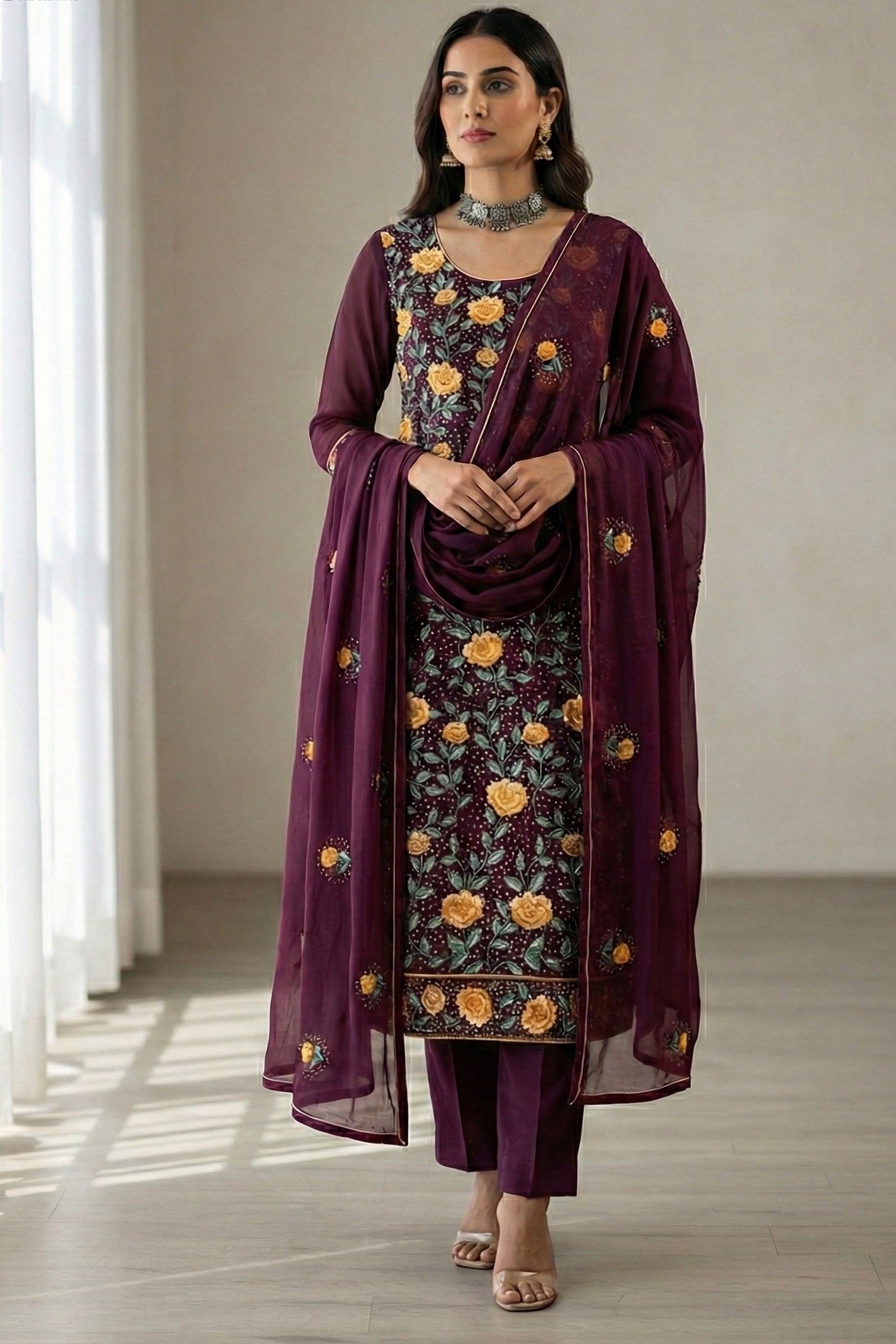 Wine Readymade Embroidered Georgette Suit-SAR12764_1_SareeButa.com