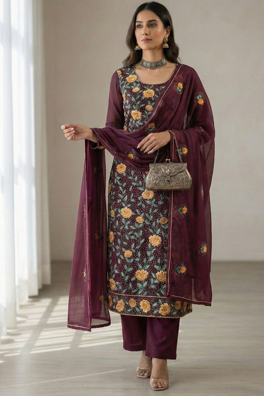 Wine Readymade Embroidered Georgette Suit-SAR12764_2_SareeButa.com