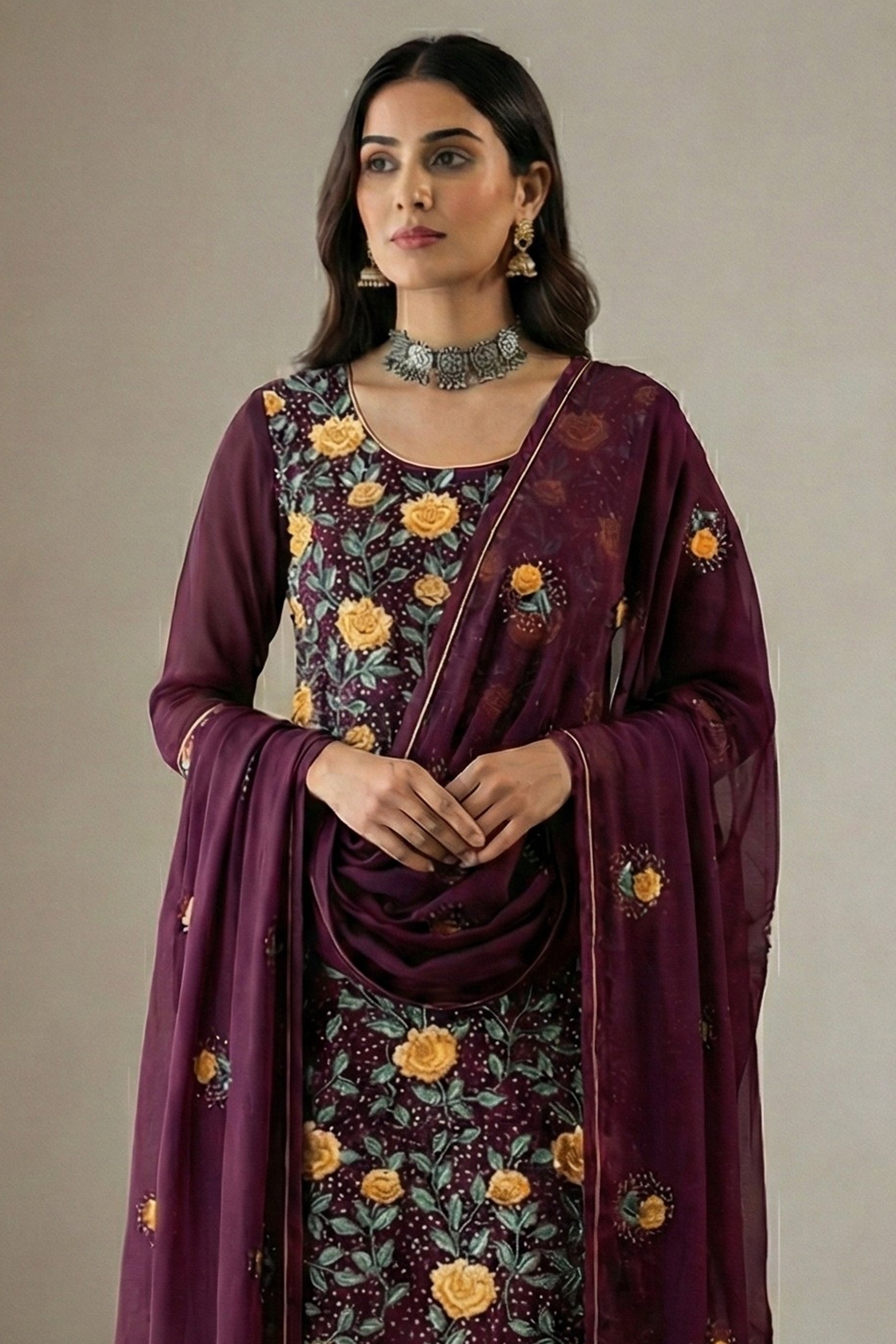 Wine Readymade Embroidered Georgette Suit-SAR12764_3_SareeButa.com