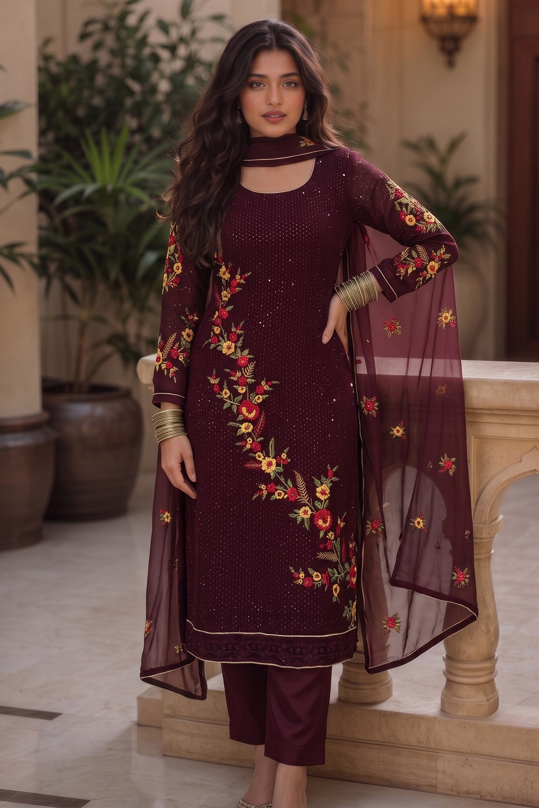 Wine Readymade Embroidered Georgette Suit-SAR13127_1_SareeButa.com