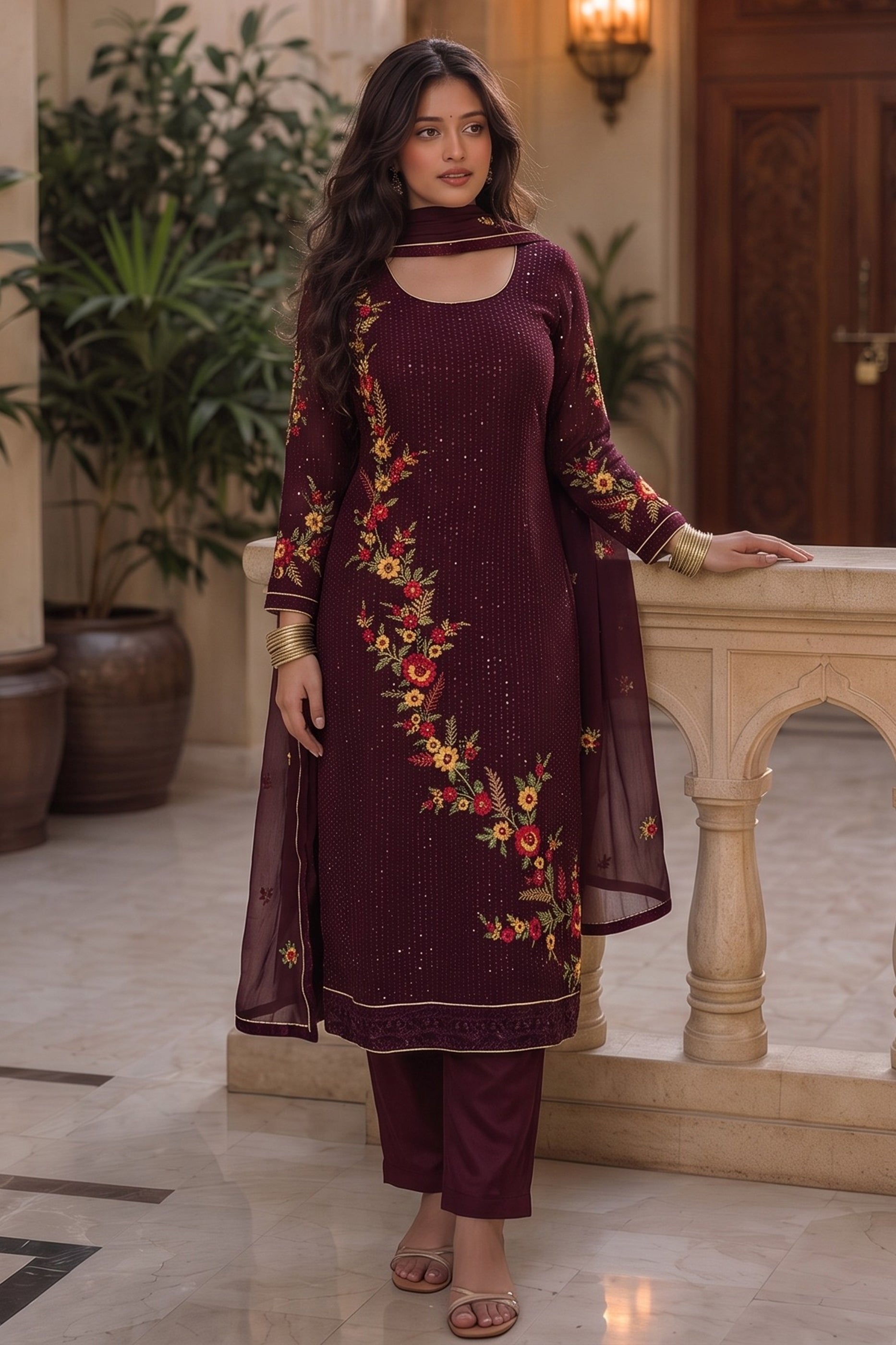 Wine Readymade Embroidered Georgette Suit-SAR13127_2_SareeButa.com