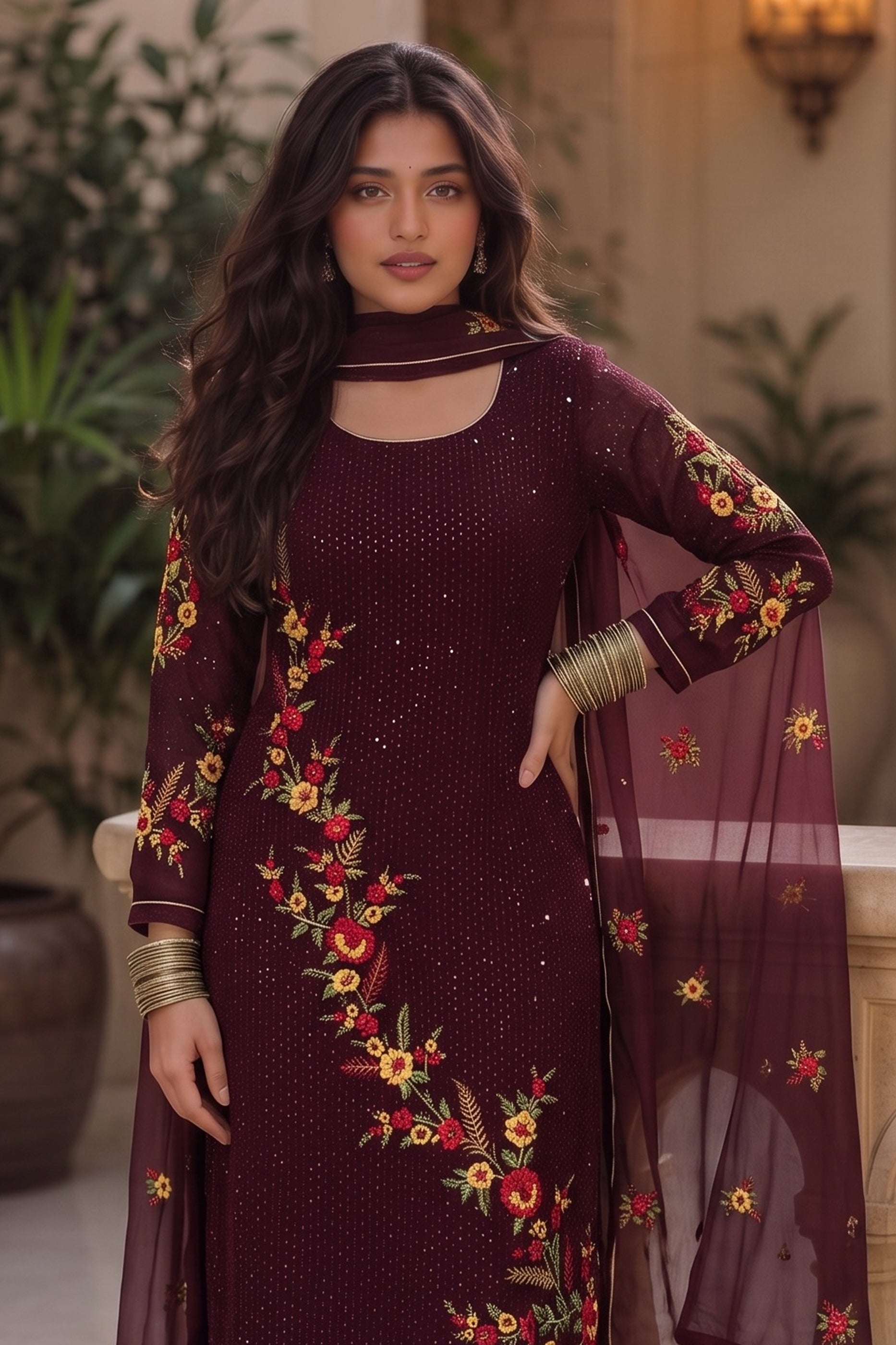 Wine Readymade Embroidered Georgette Suit-SAR13127_3_SareeButa.com