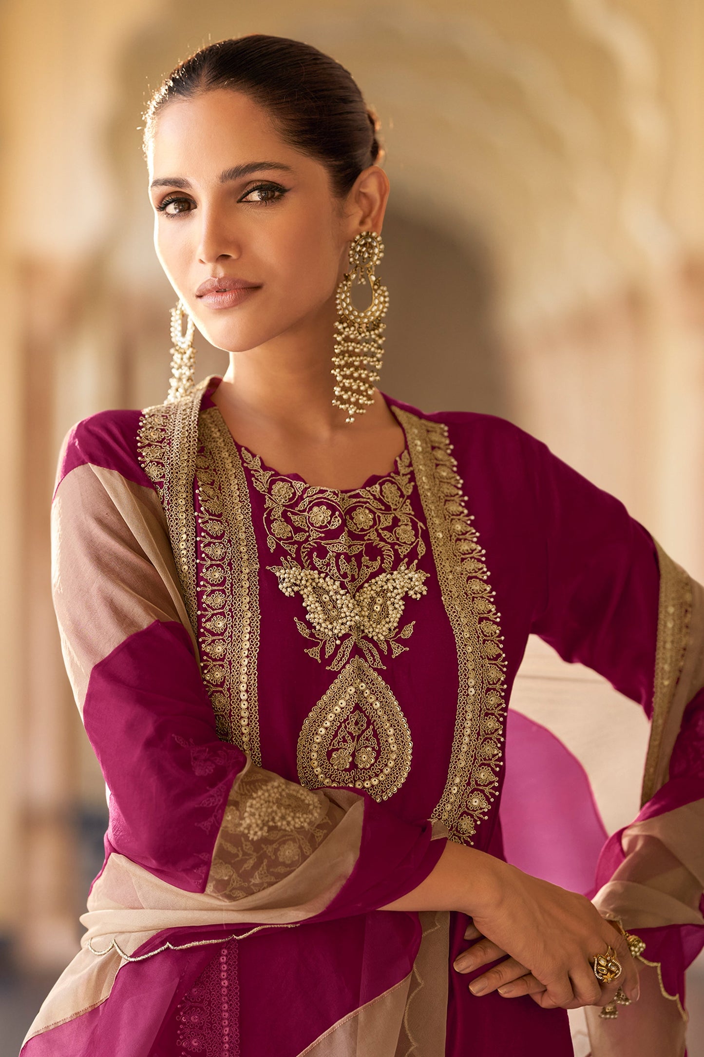 Wine Readymade Embroidered Silk Suit-SAR11617_3_SareeButa.com