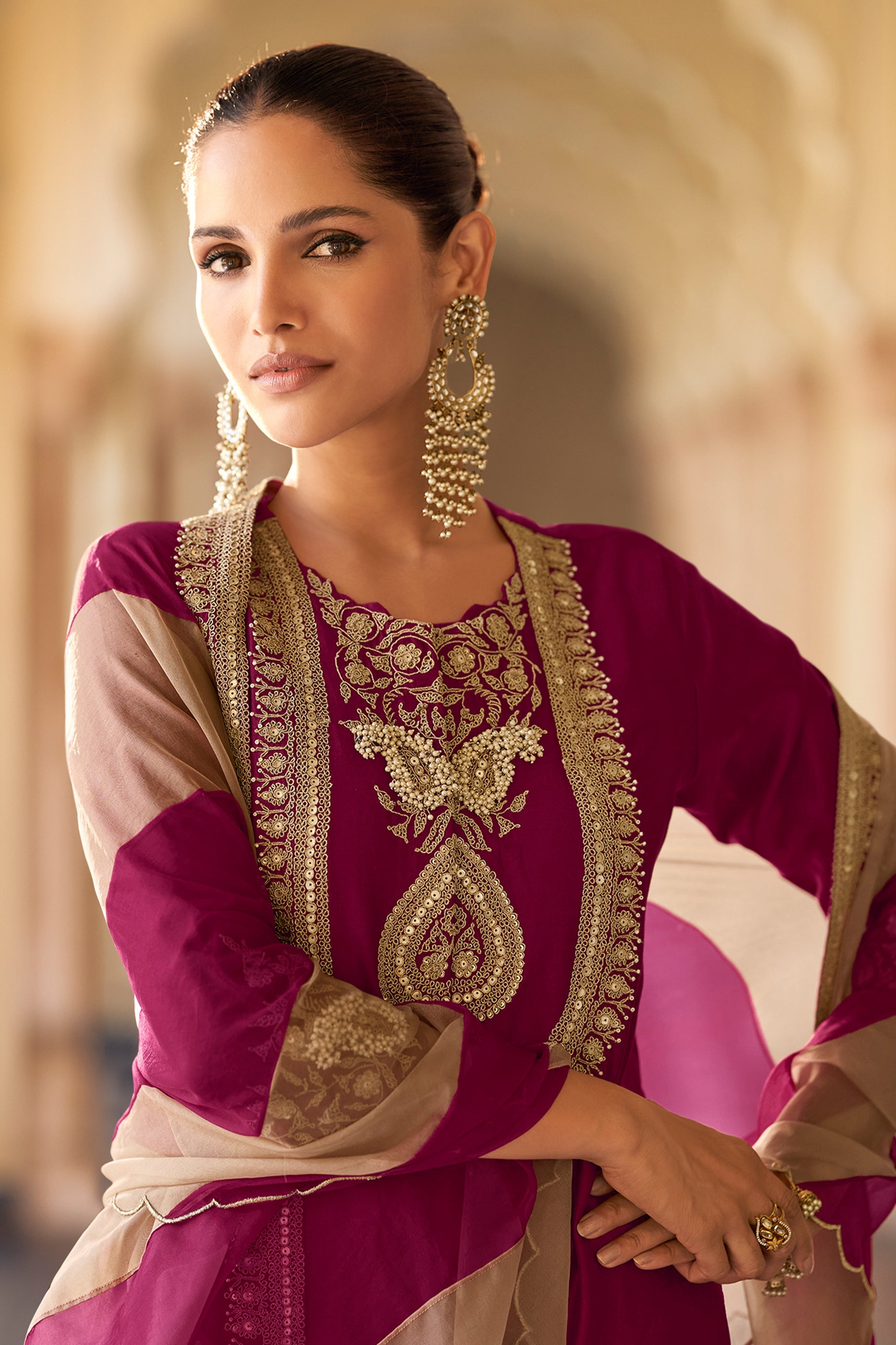 Wine Readymade Embroidered Silk Suit-SAR11617_3_SareeButa.com