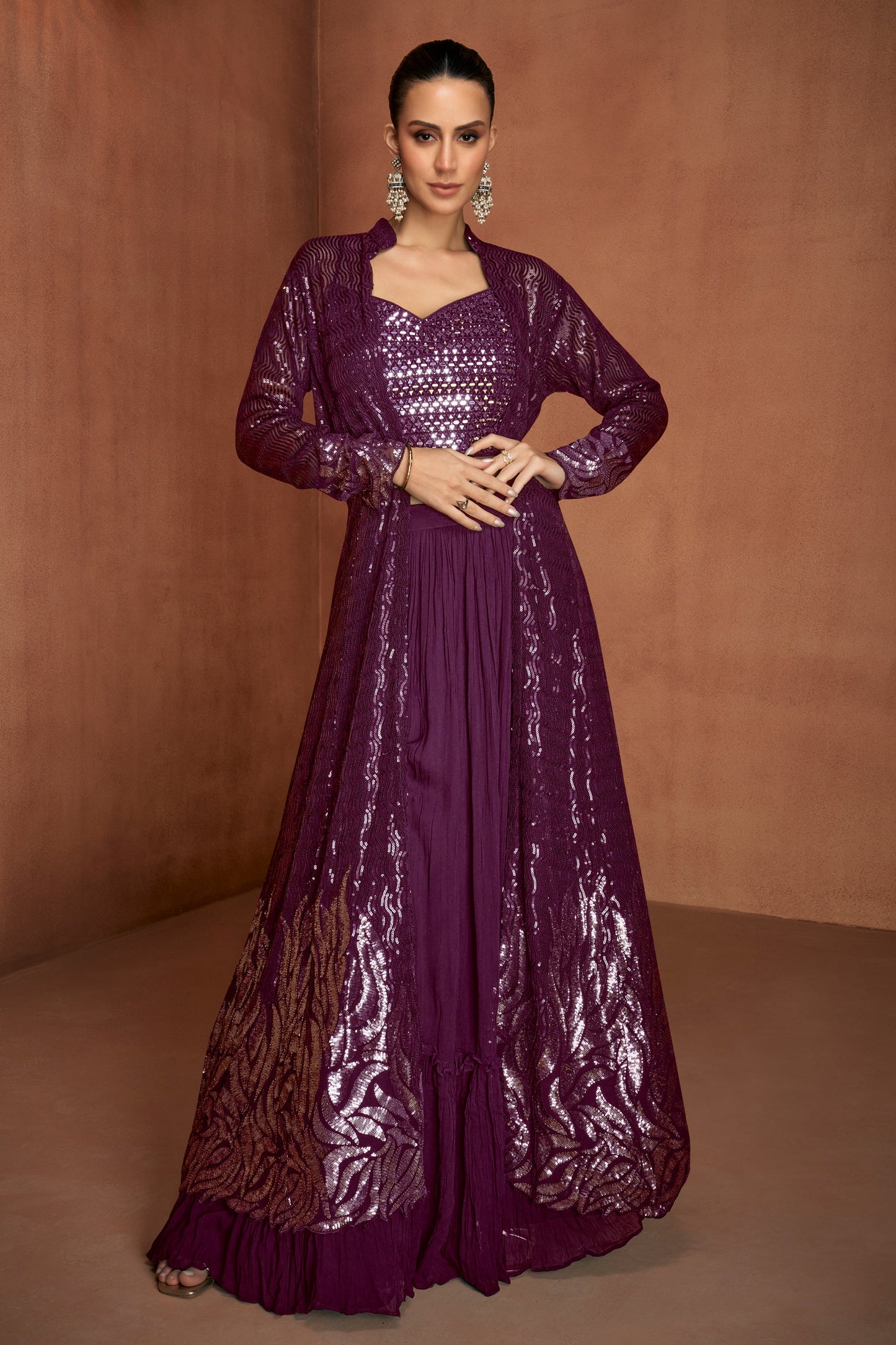 Wine Readymade Georgette Skirt Set With Shrug-SAR12148_1_SareeButa.com