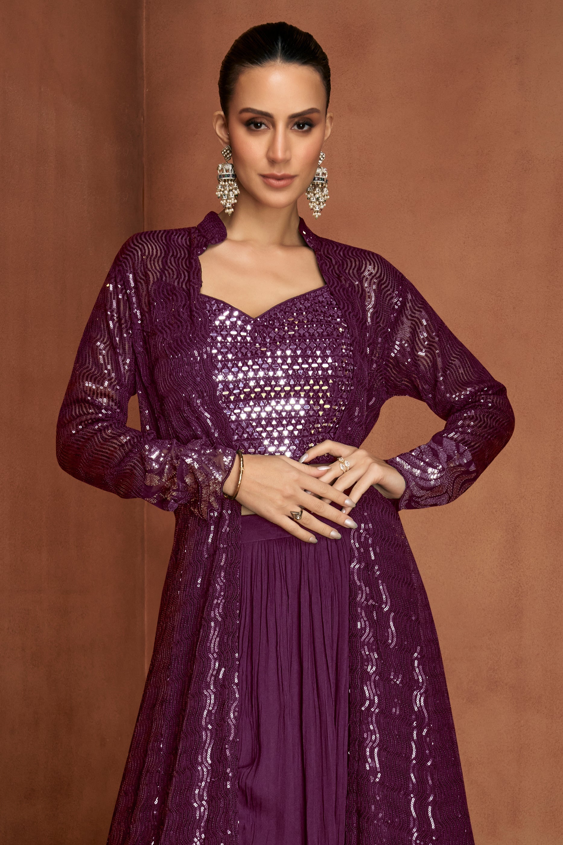 Wine Readymade Georgette Skirt Set With Shrug-SAR12148_3_SareeButa.com