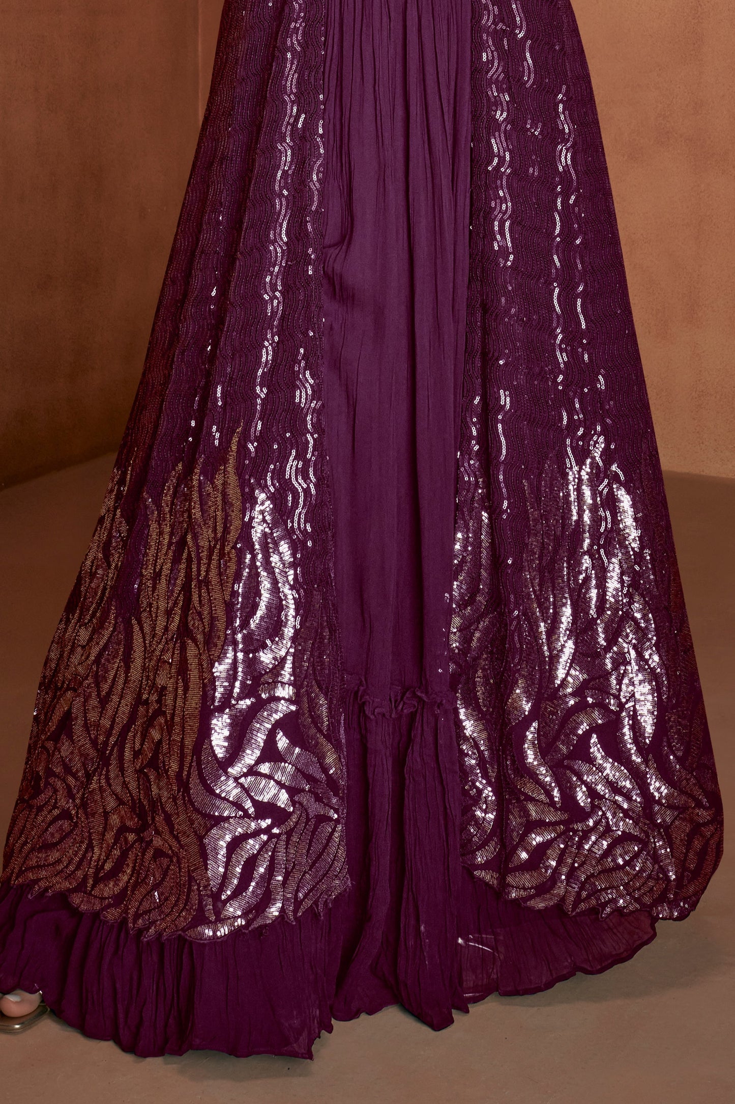 Wine Readymade Georgette Skirt Set With Shrug-SAR12148_4_SareeButa.com