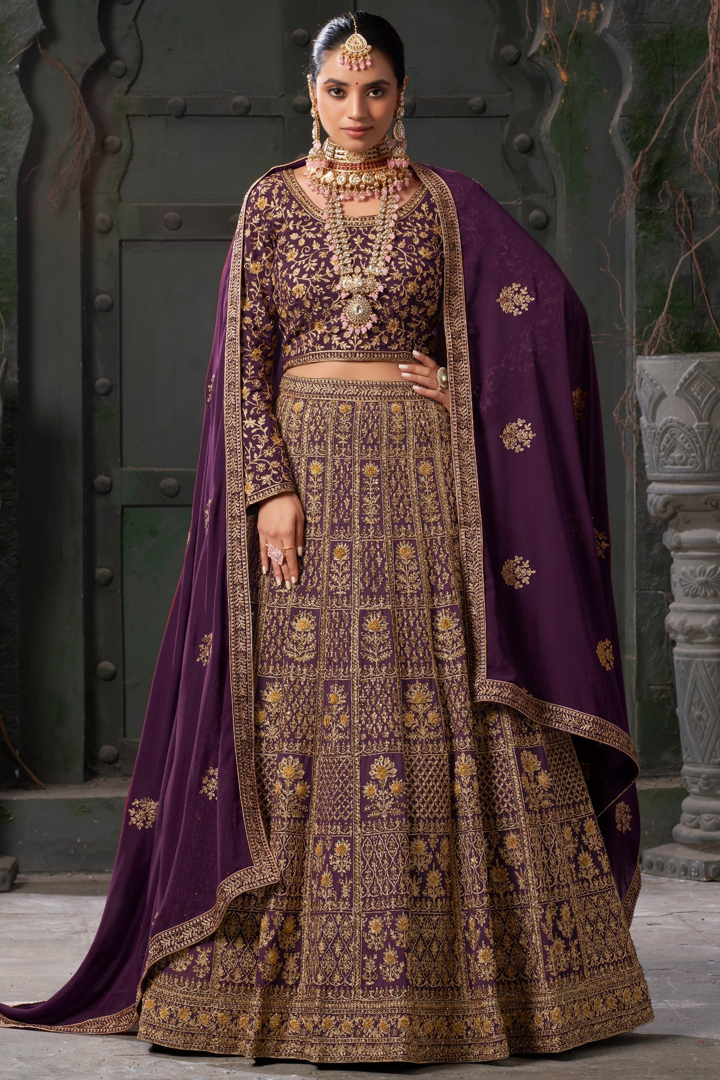 Wine Readymade Heavy Work Georgette Lehenga-LC124_1_SareeButa.com