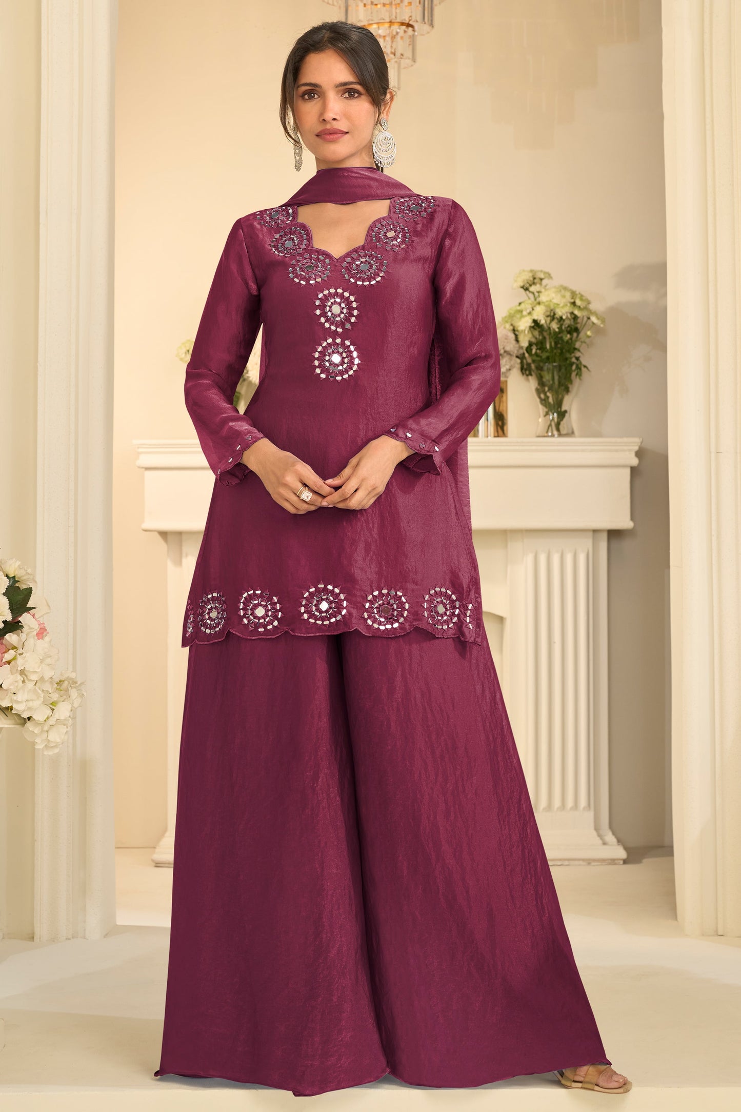 Wine Readymade Mirror Work Silk A-line Suit-SAR12164_1_SareeButa.com