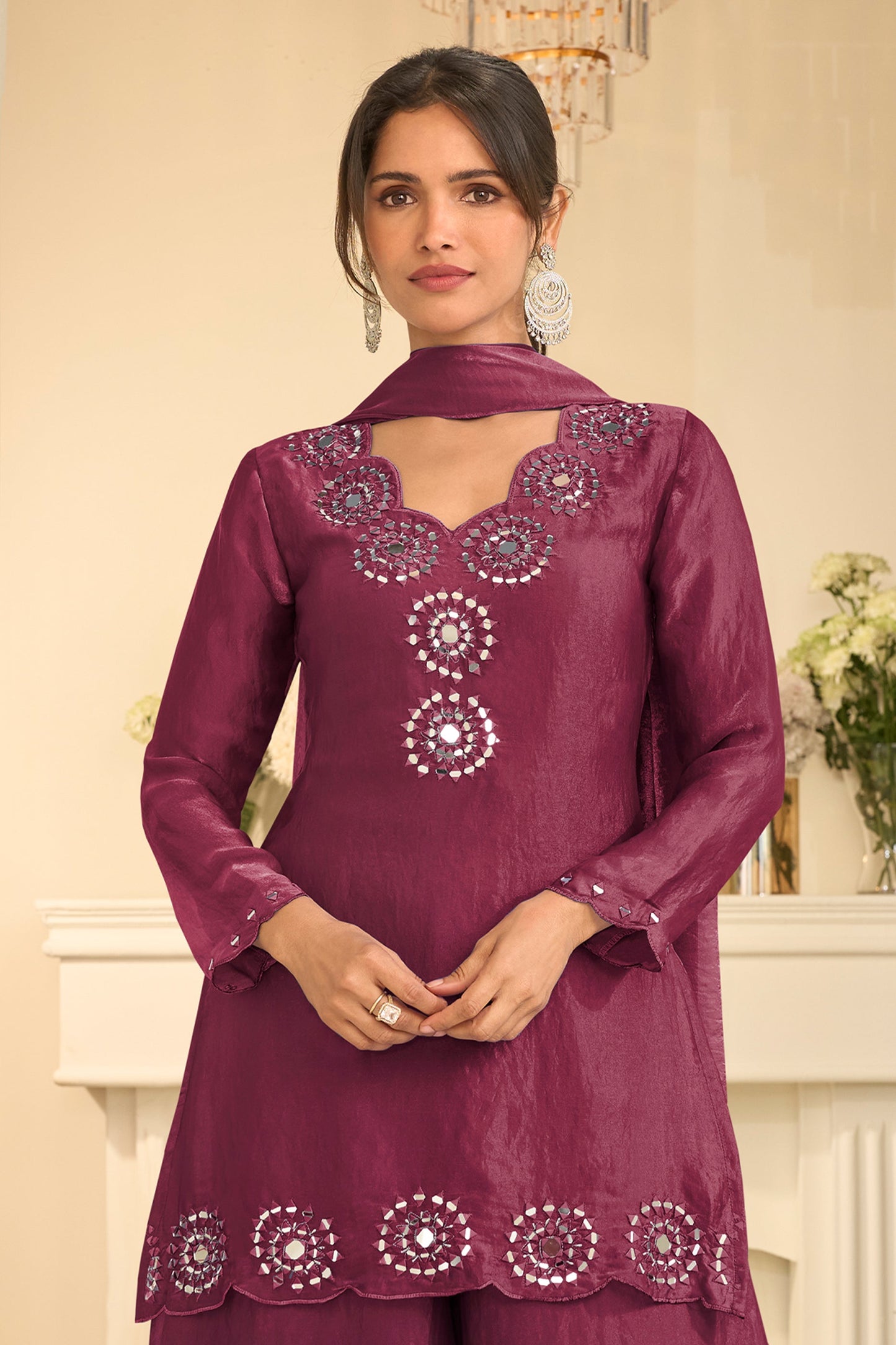 Wine Readymade Mirror Work Silk A-line Suit-SAR12164_3_SareeButa.com