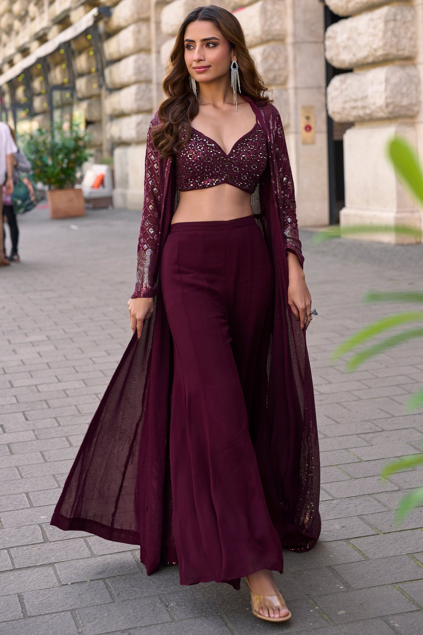 Wine Readymade Sequined Georgette Palazzo Set-SAR10513_1_SareeButa.com