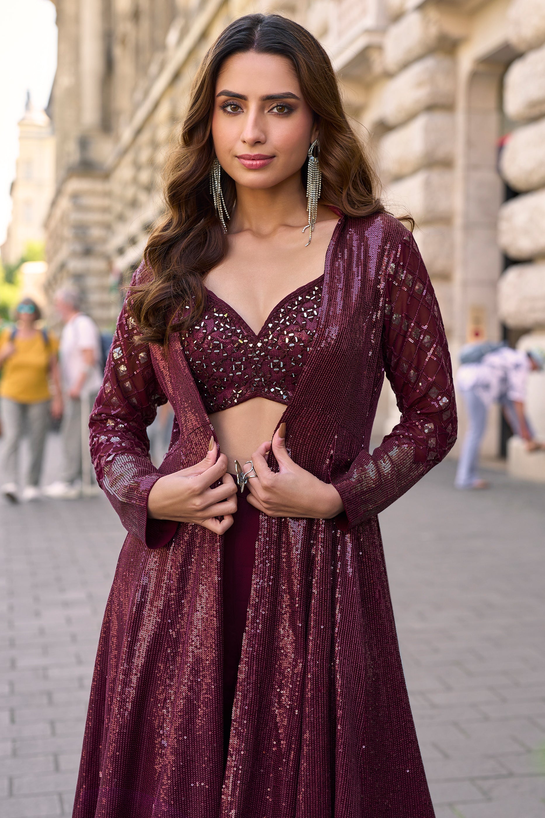 Wine Readymade Sequined Georgette Palazzo Set-SAR10513_2_SareeButa.com