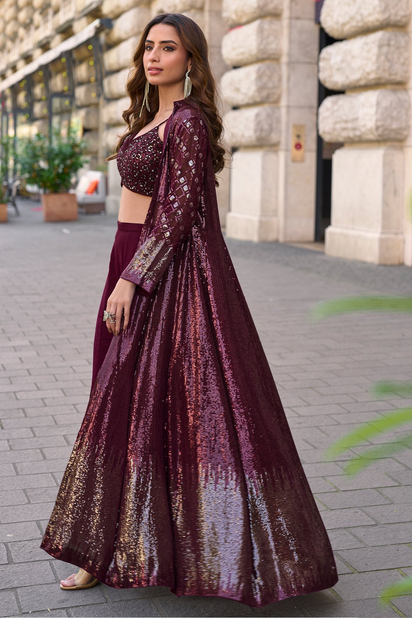 Wine Readymade Sequined Georgette Palazzo Set-SAR10513_3_SareeButa.com