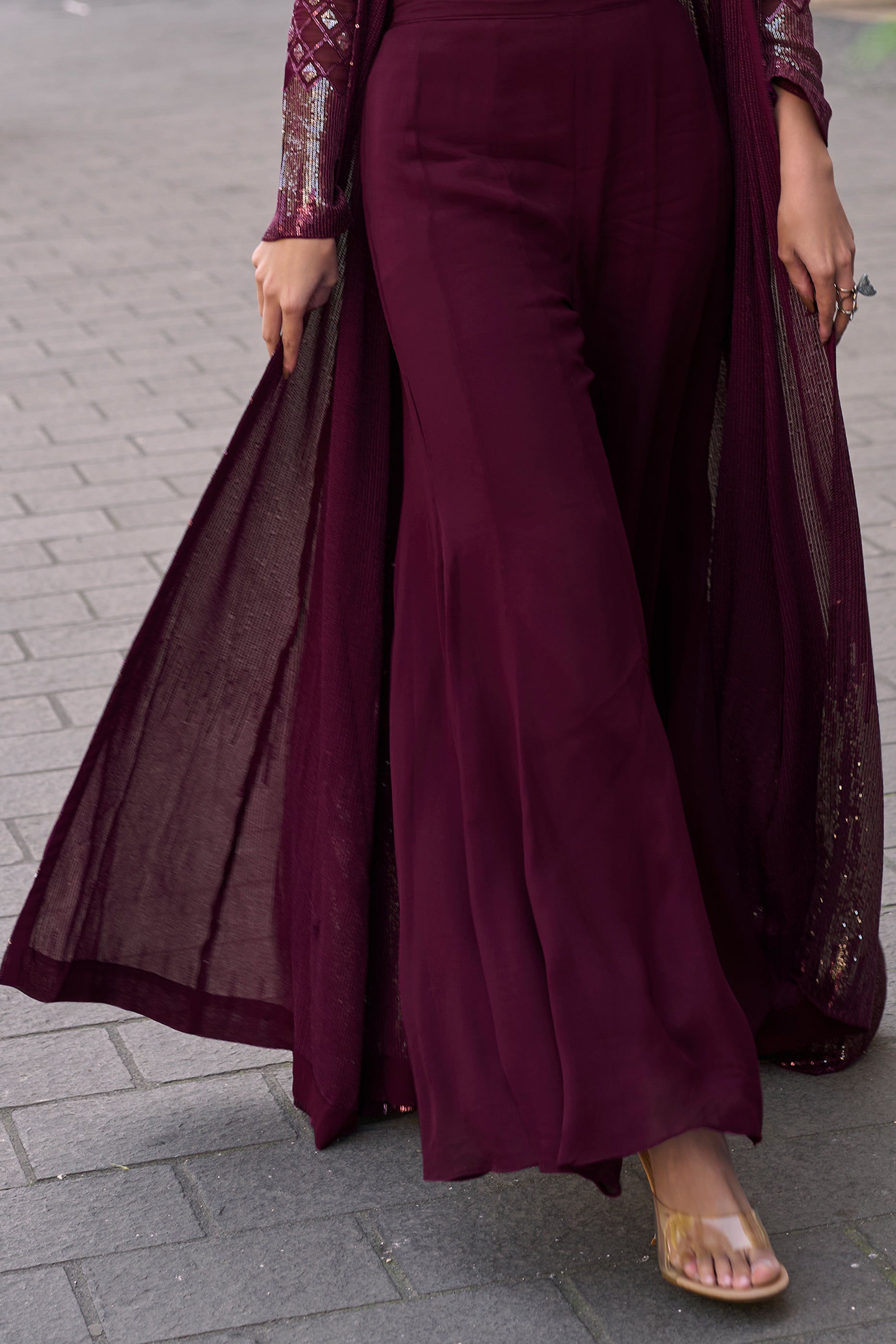 Wine Readymade Sequined Georgette Palazzo Set-SAR10513_5_SareeButa.com