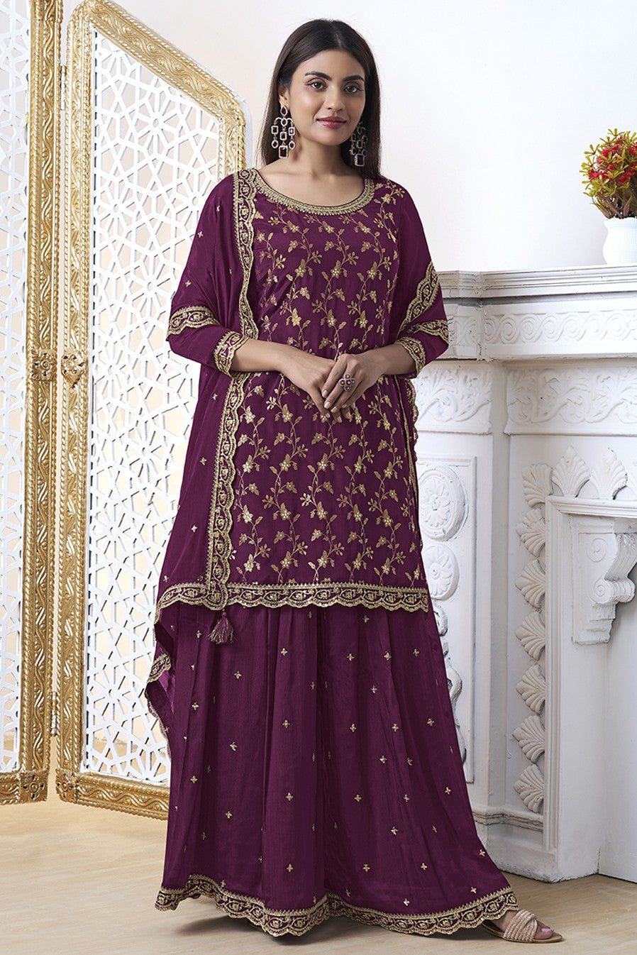 Wine Readymade Tissue Sharara Suit-SS312_1_SareeButa.com