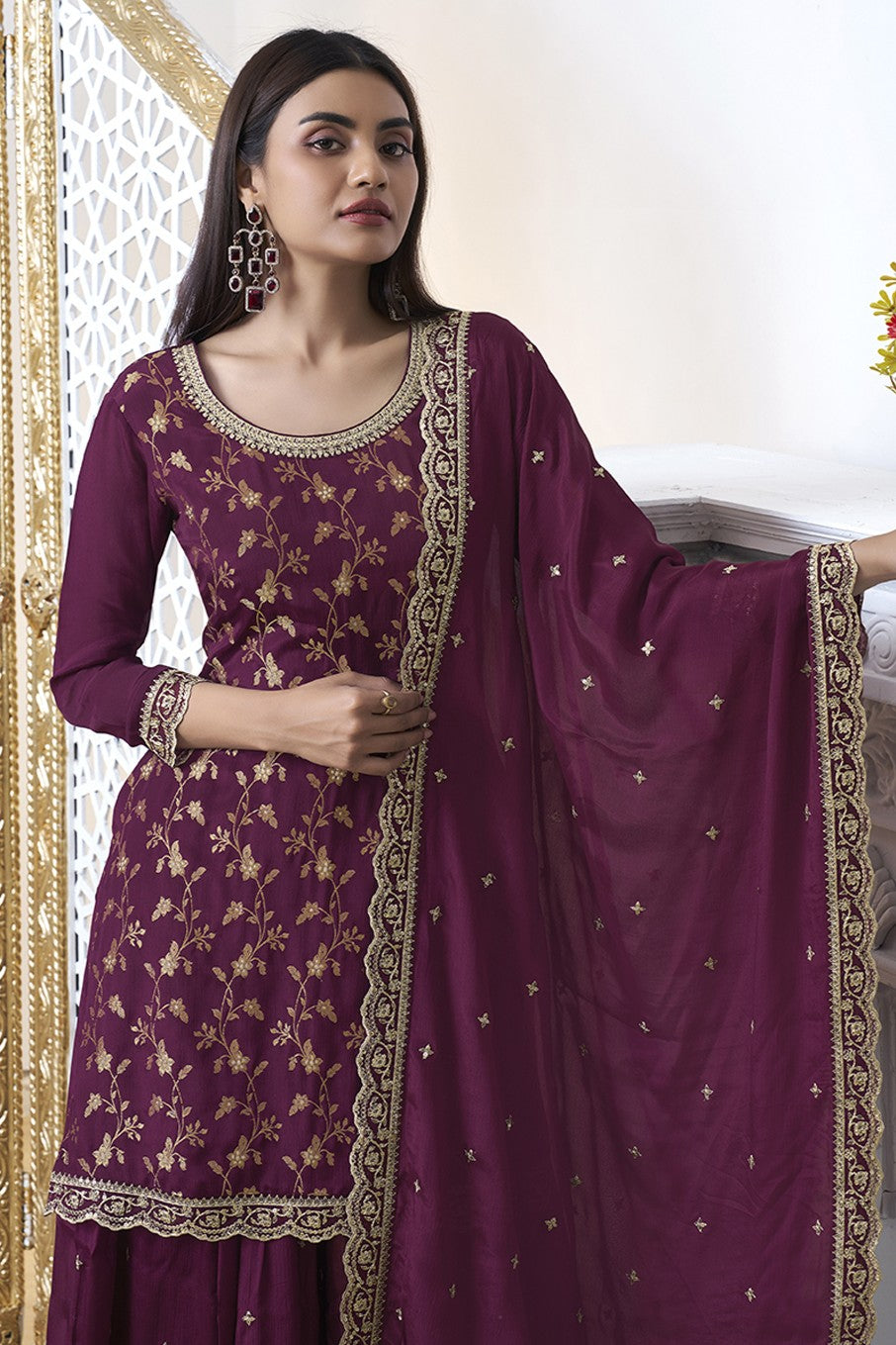 Wine Readymade Tissue Sharara Suit-SS312_2_SareeButa.com