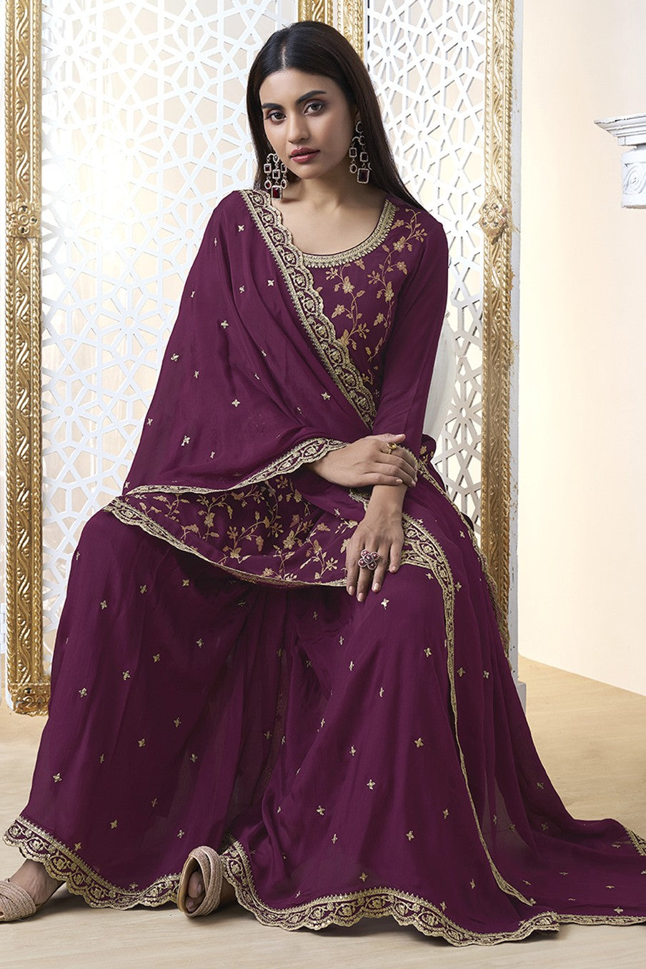 Wine Readymade Tissue Sharara Suit-SS312_4_SareeButa.com
