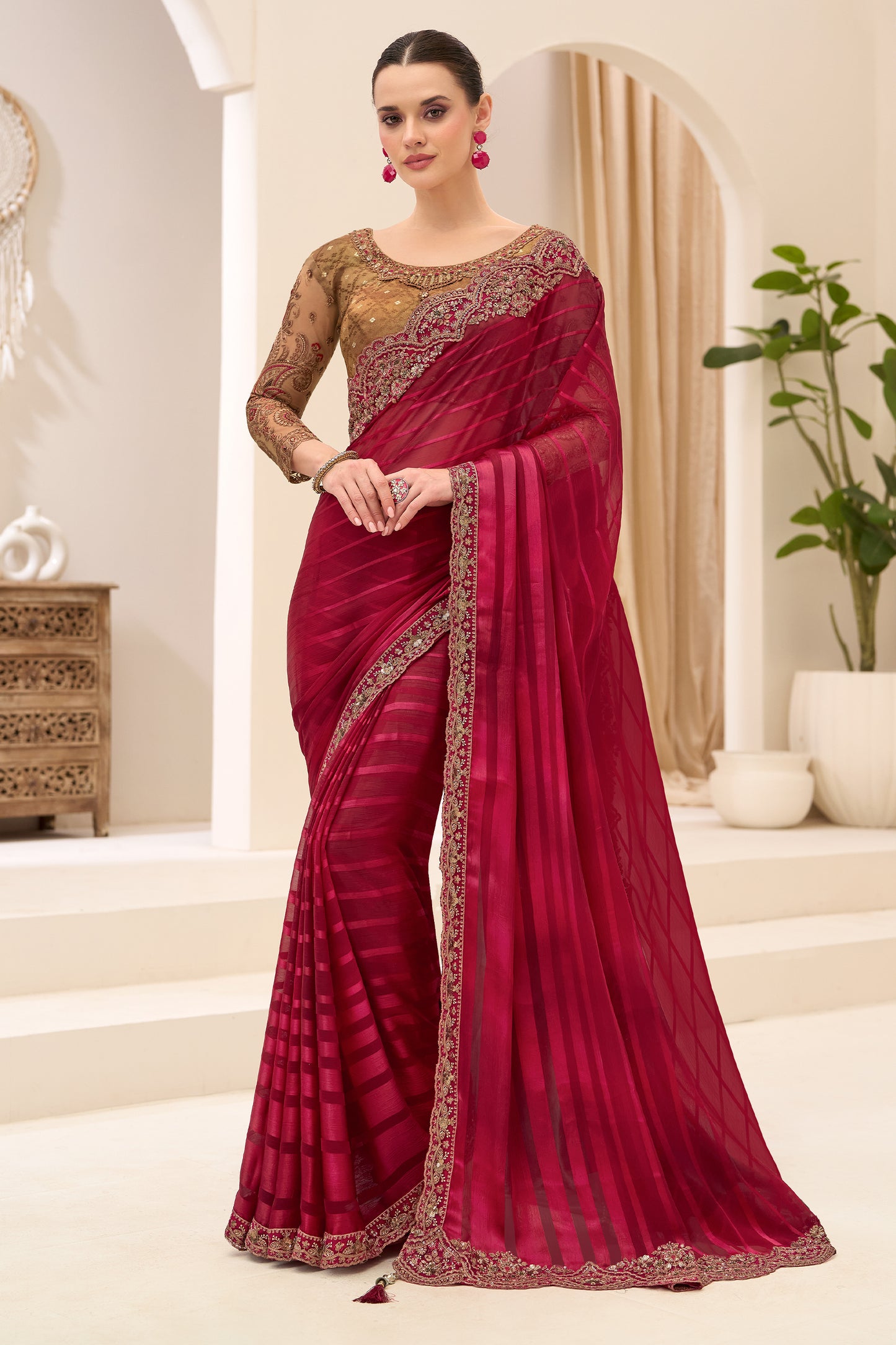 Wine Red Embroidered Georgette Satin Saree-SAR12438_1_SareeButa.com