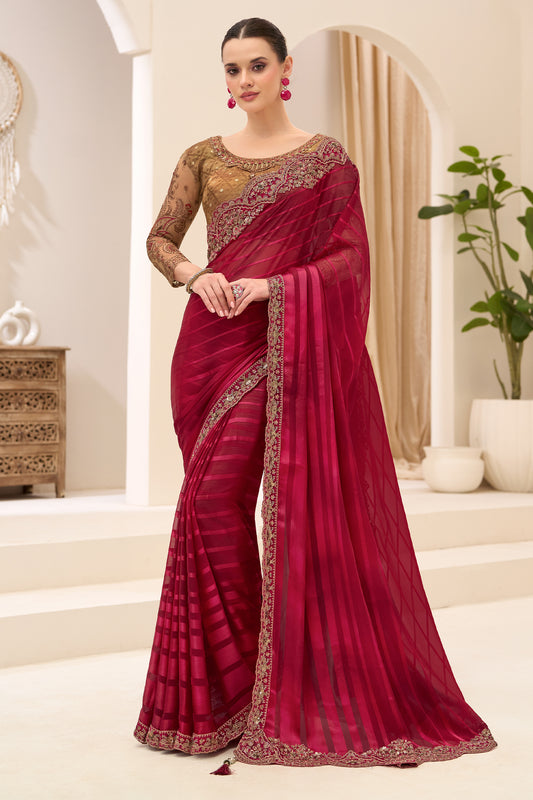 Wine Red Embroidered Georgette Satin Saree-SAR12438_1_SareeButa.com