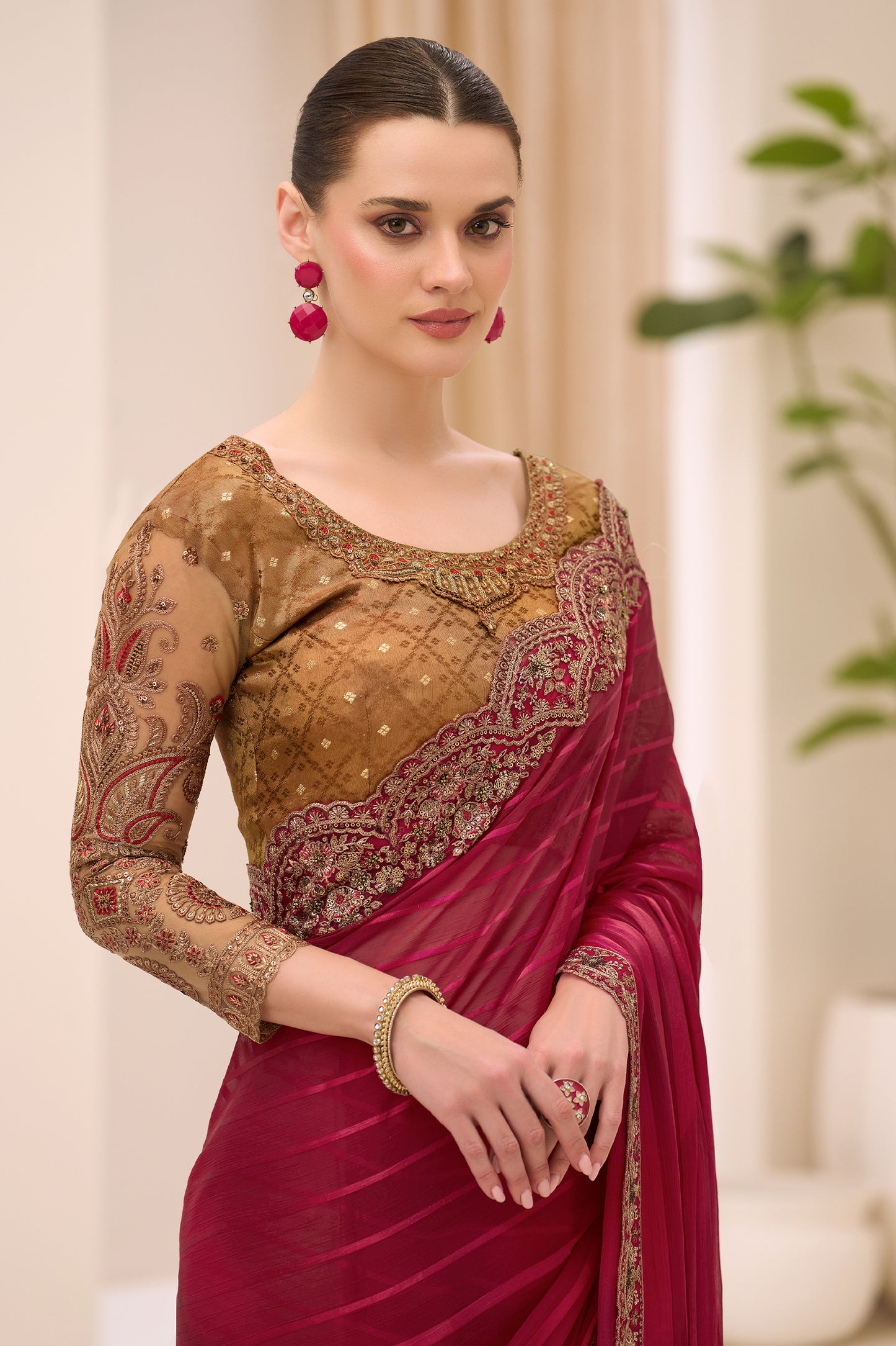 Wine Red Embroidered Georgette Satin Saree-SAR12438_2_SareeButa.com