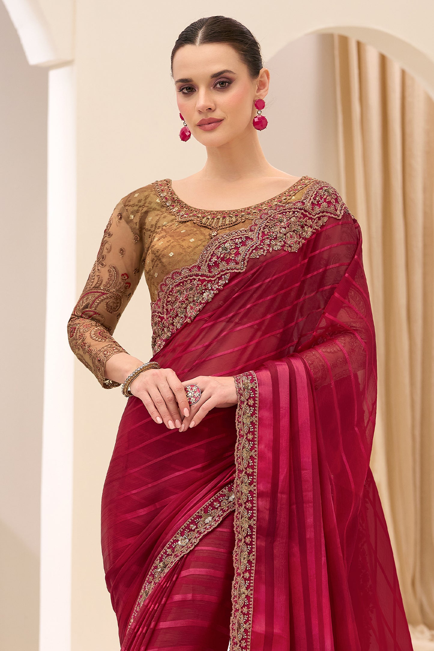 Wine Red Embroidered Georgette Satin Saree-SAR12438_5_SareeButa.com