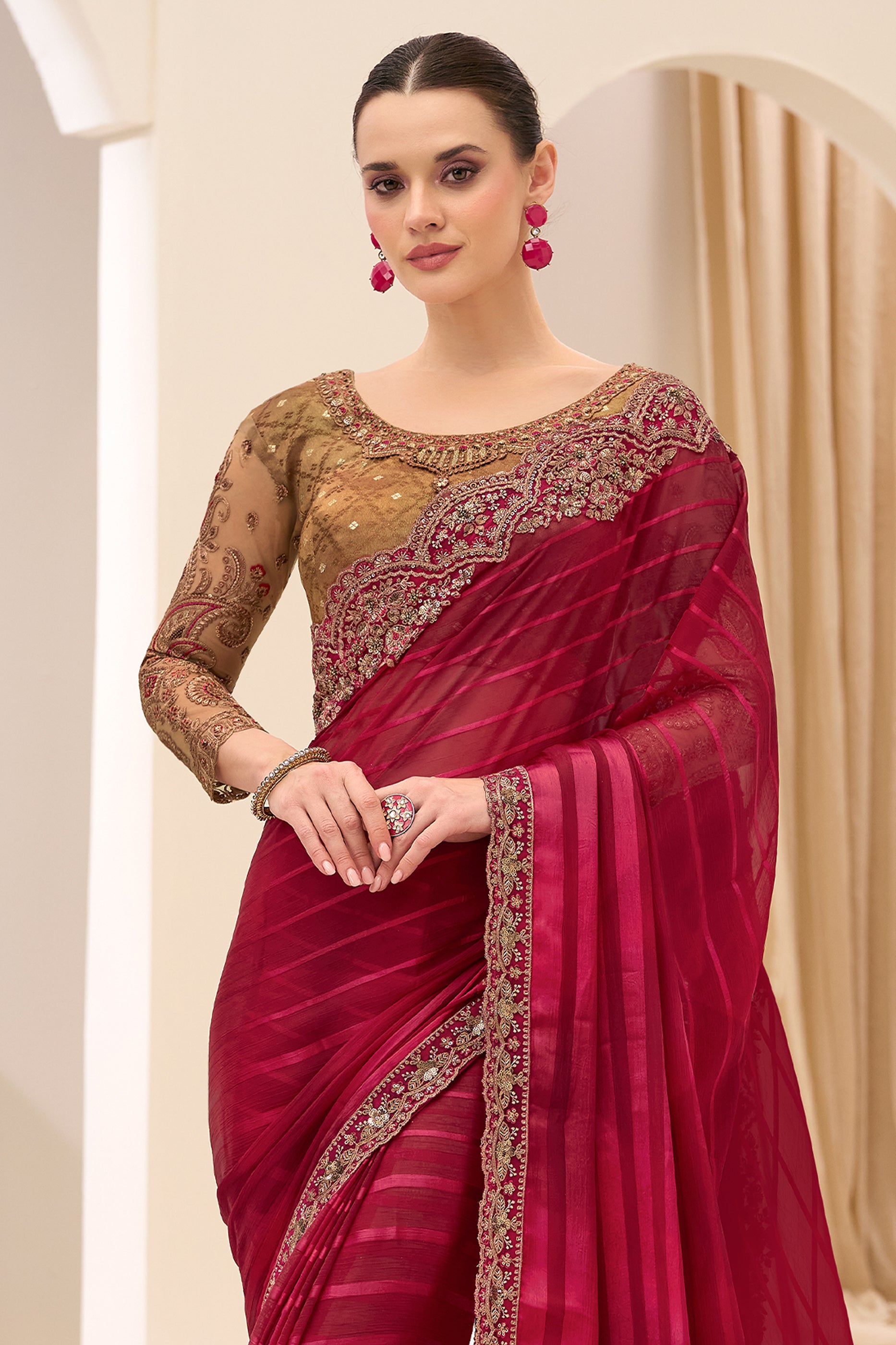 Wine Red Embroidered Georgette Satin Saree-SAR12438_5_SareeButa.com