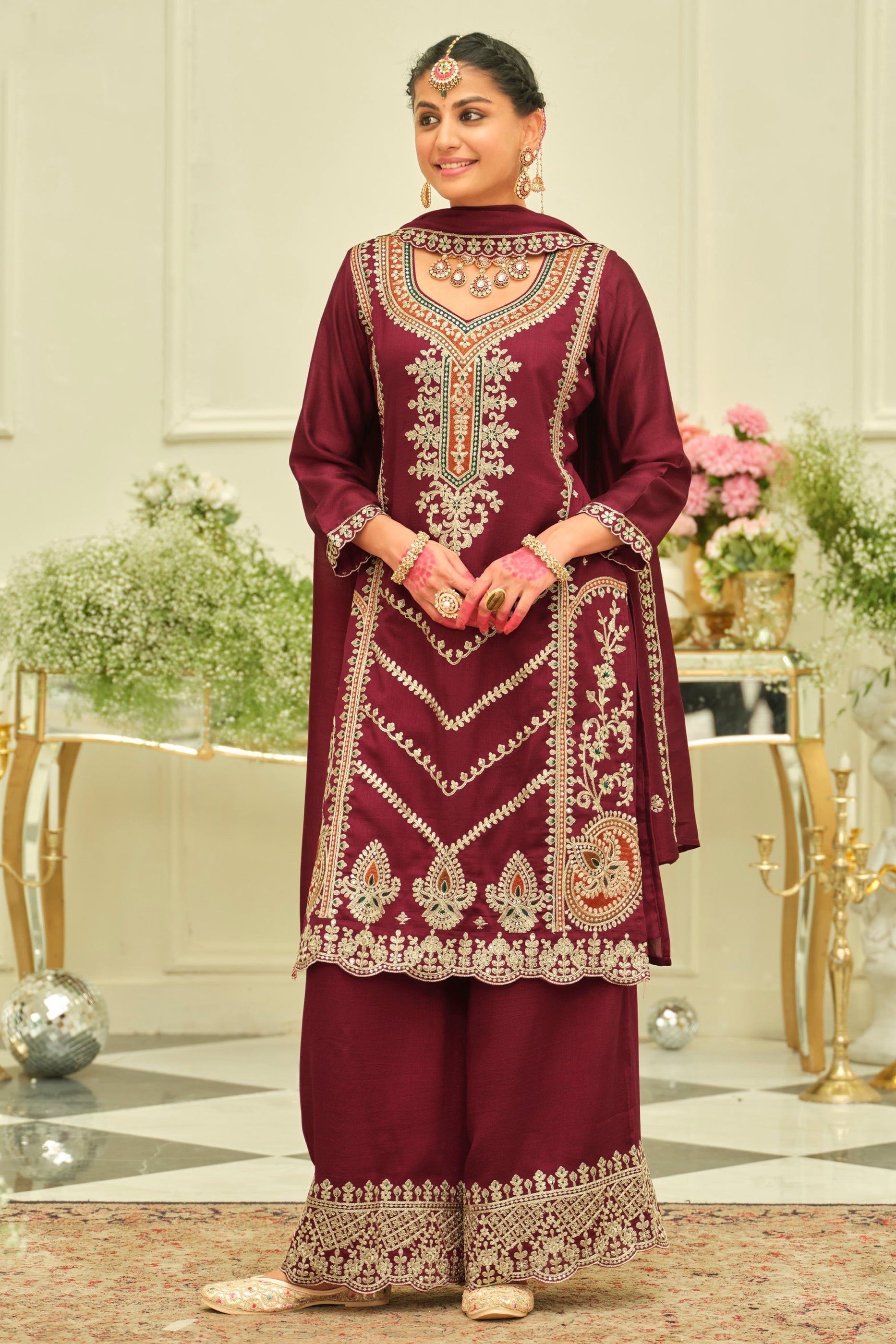 Wine Red Readymade Embroidered Silk Suit-SAR12171_1_SareeButa.com