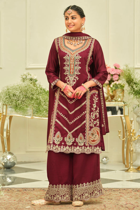 Wine Red Readymade Embroidered Silk Suit-SAR12171_1_SareeButa.com