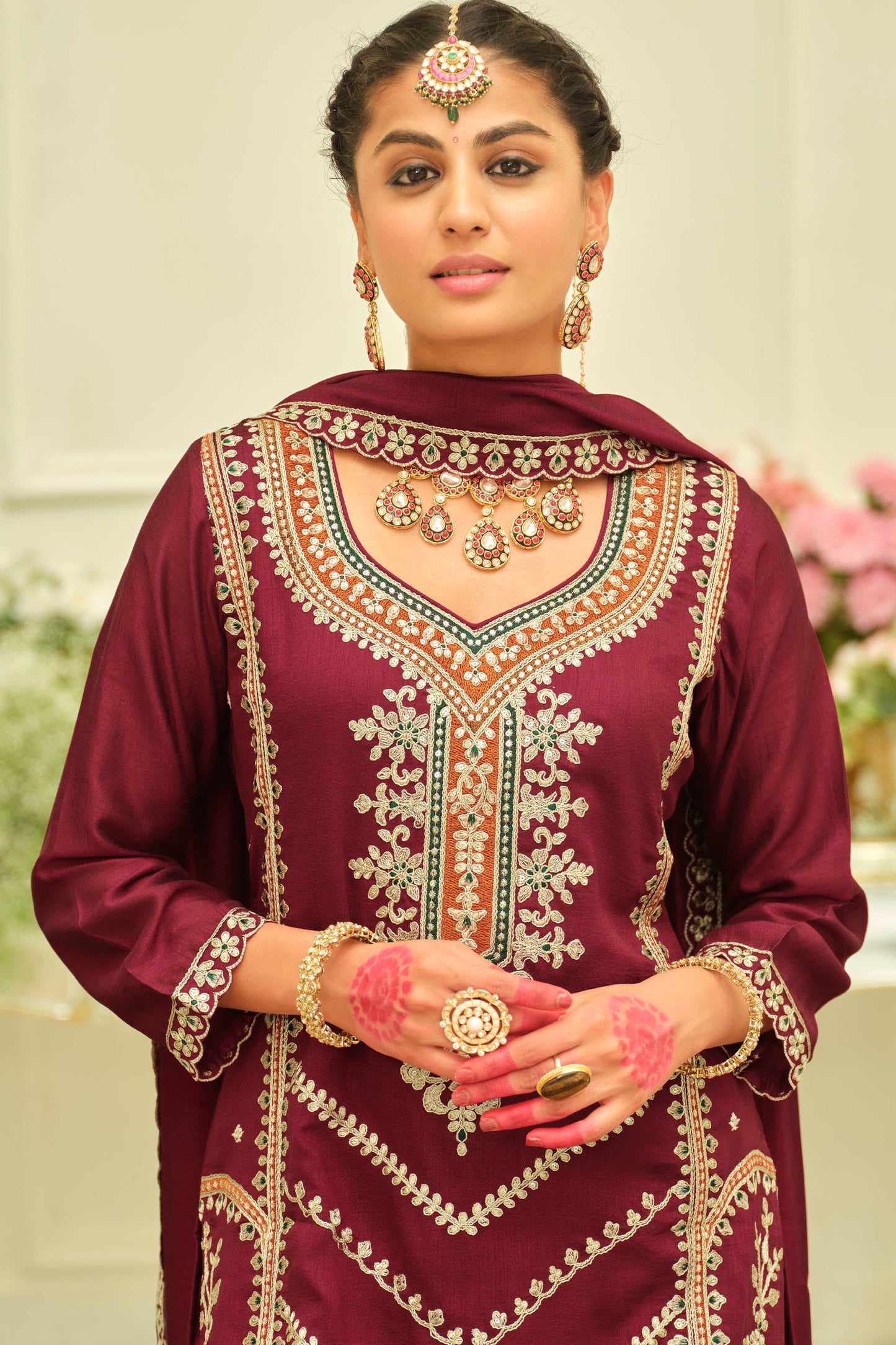 Wine Red Readymade Embroidered Silk Suit-SAR12171_2_SareeButa.com