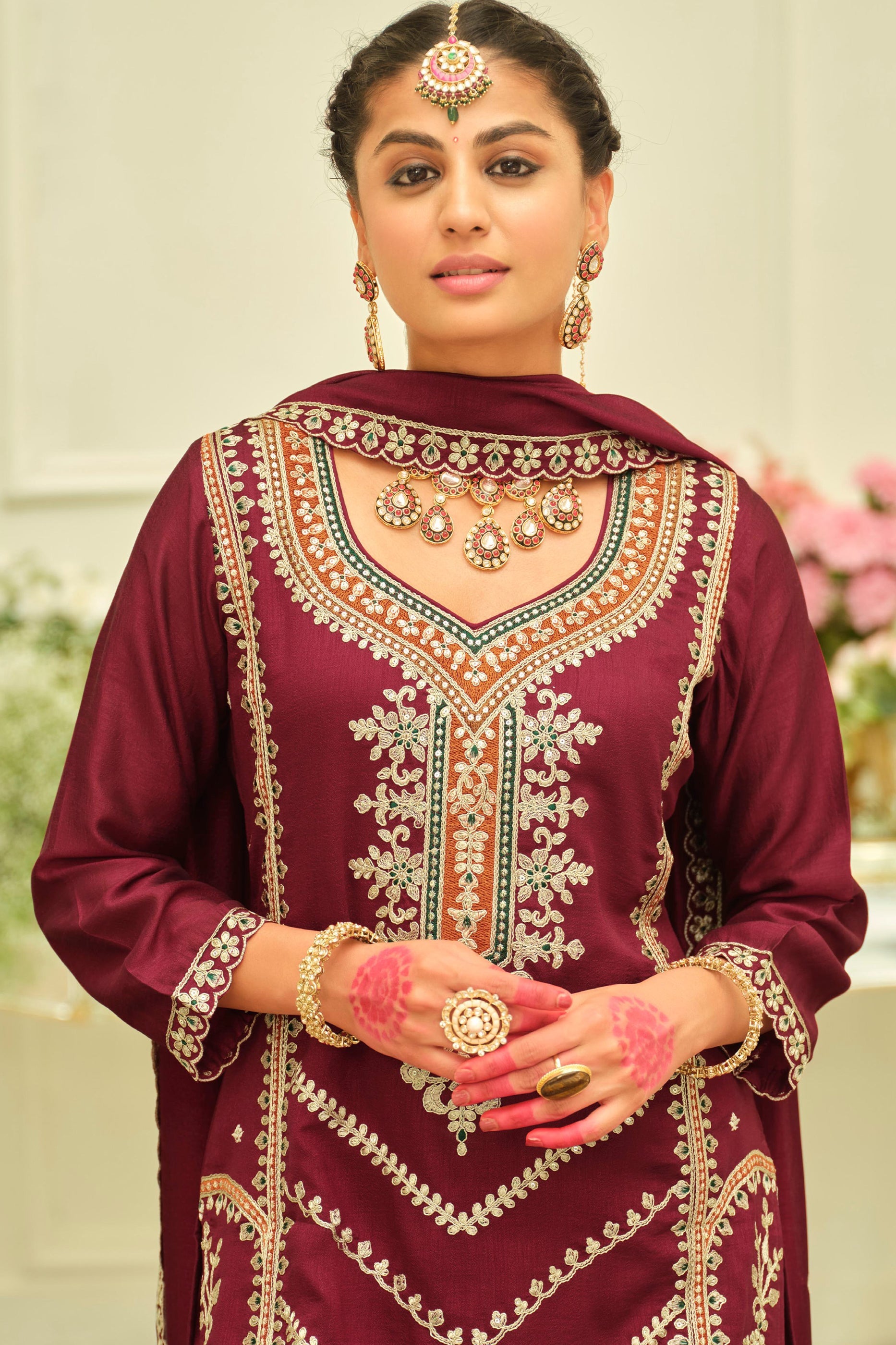 Wine Red Readymade Embroidered Silk Suit-SAR12171_2_SareeButa.com