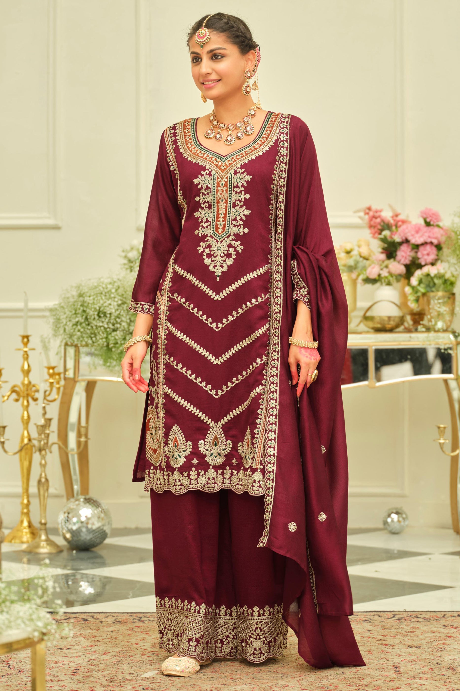 Wine Red Readymade Embroidered Silk Suit-SAR12171_4_SareeButa.com