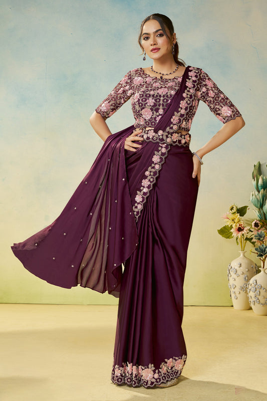 Wine Satin Silk Readymade Saree-SAR11138_1_SareeButa.com