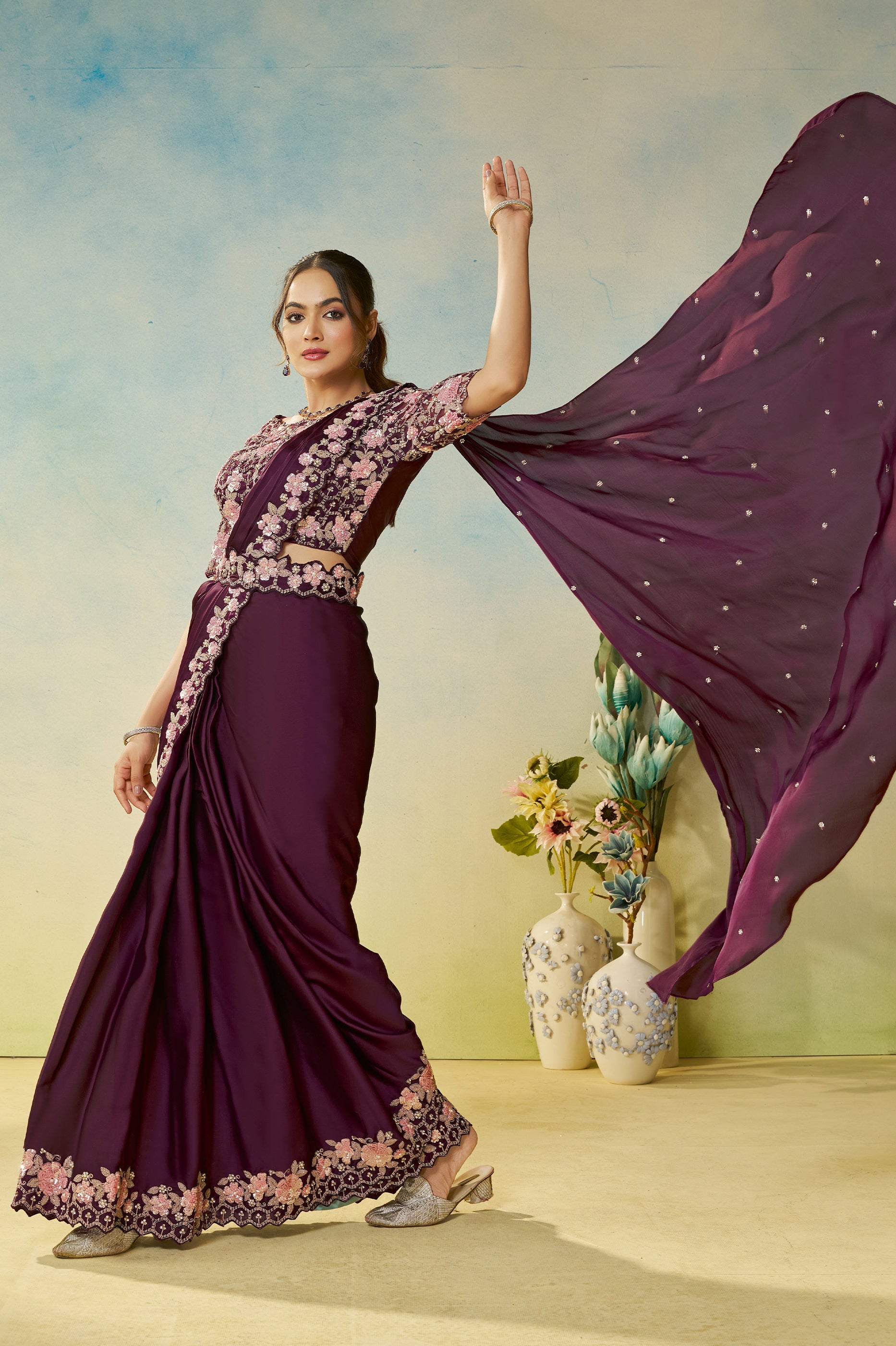 Wine Satin Silk Readymade Saree-SAR11138_3_SareeButa.com