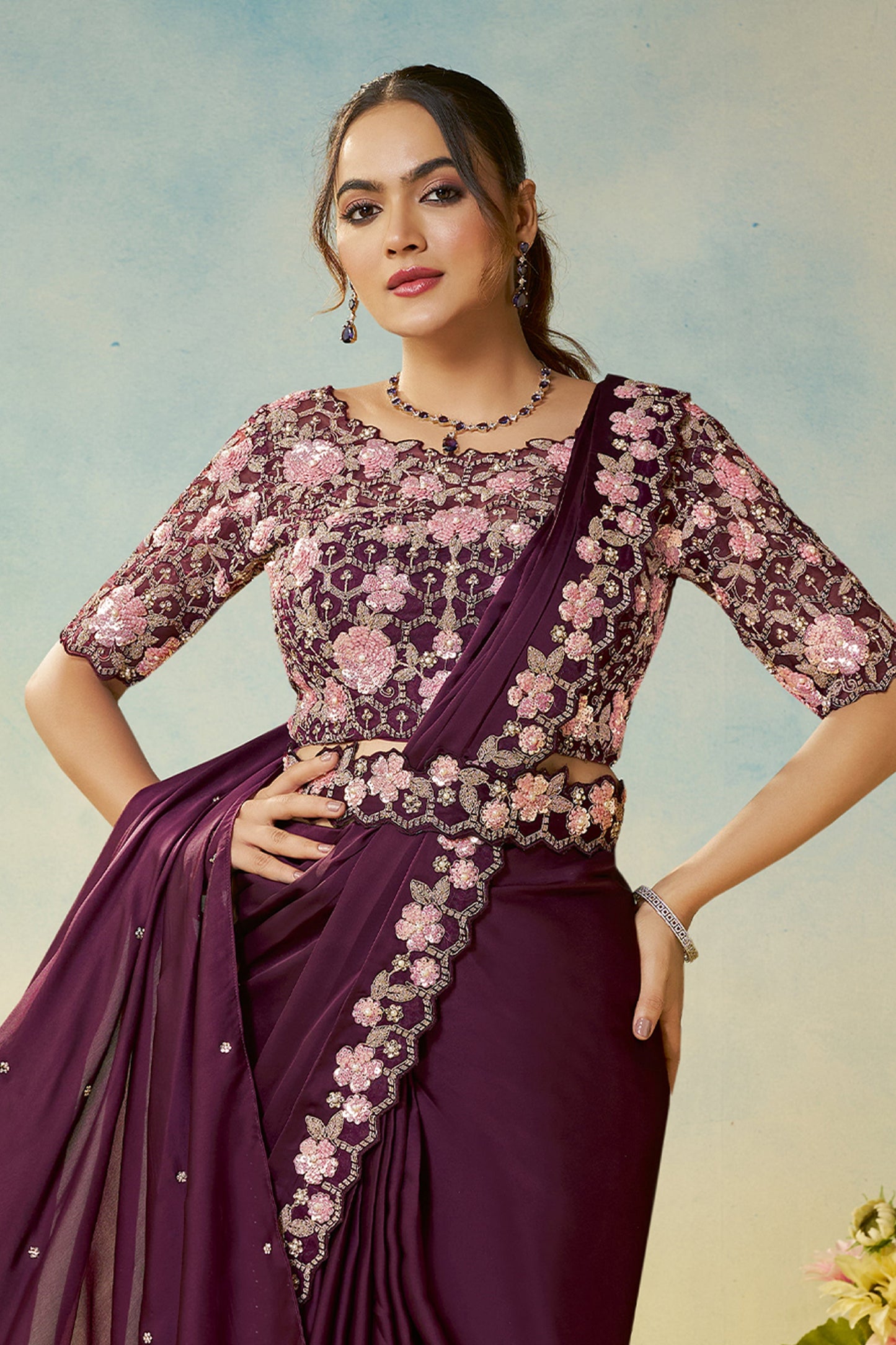 Wine Satin Silk Readymade Saree-SAR11138_4_SareeButa.com