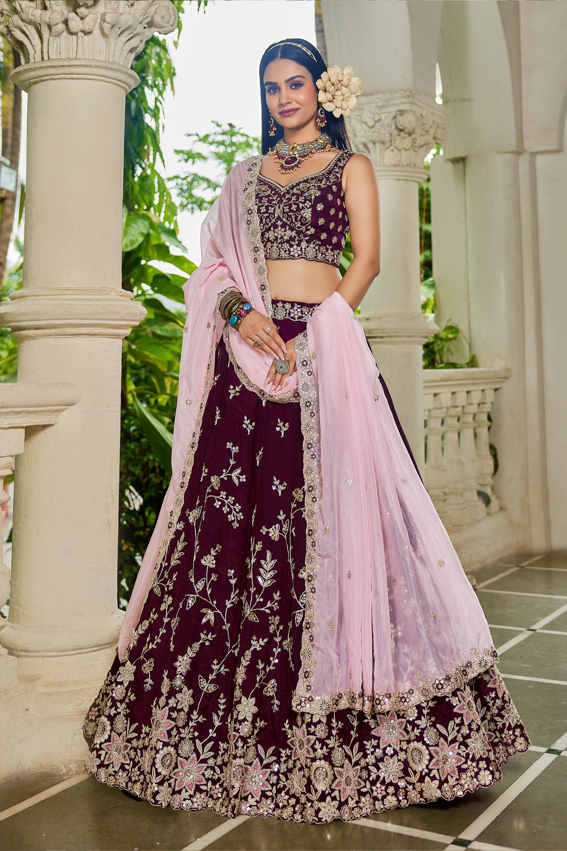 Wine Readymade Embroidered Organza Silk Lehenga-SAR10066_1_SareeButa.com