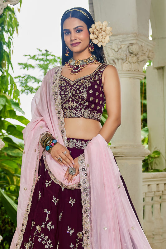 Wine Readymade Embroidered Organza Silk Lehenga-SAR10066_2_SareeButa.com
