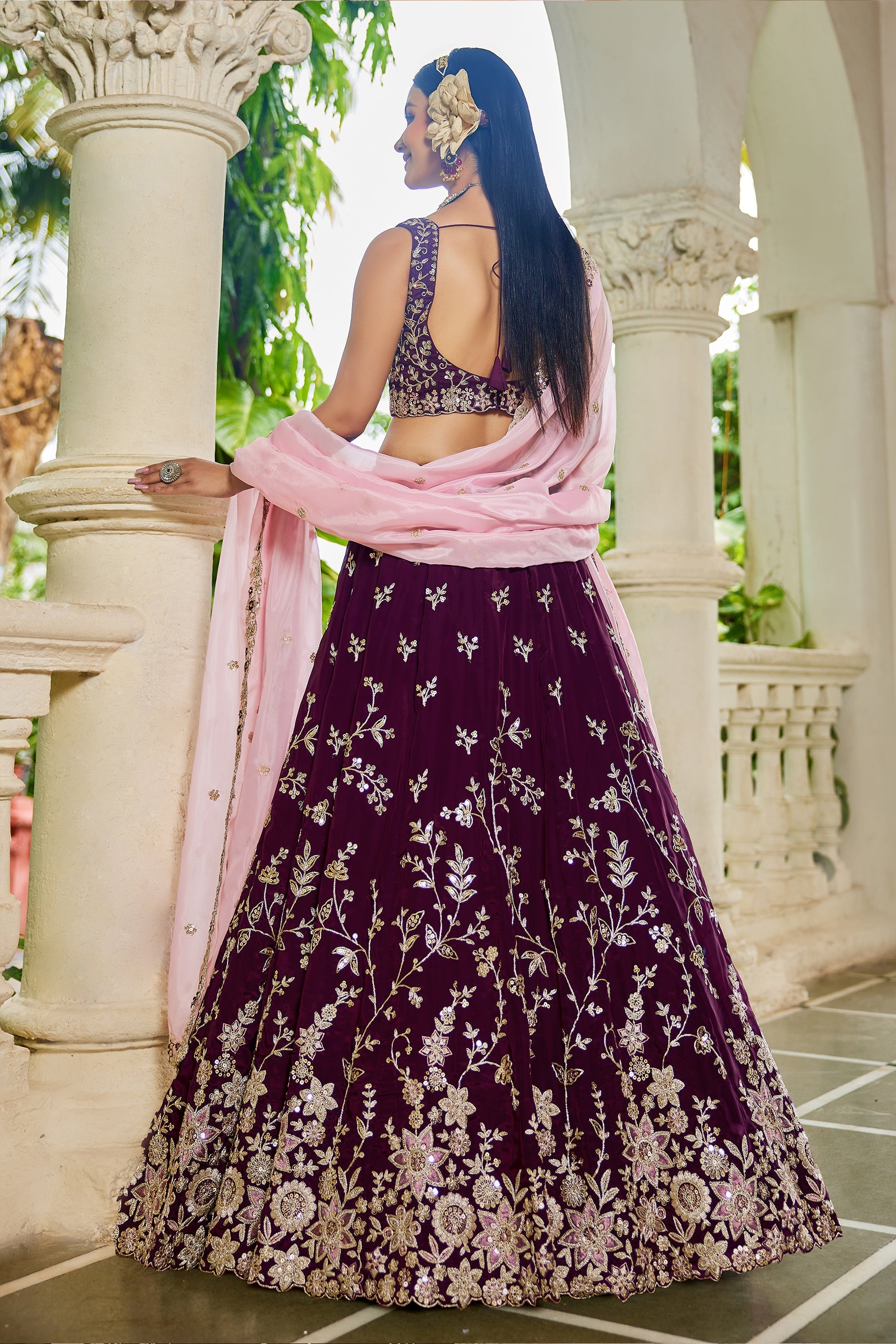 Wine Readymade Embroidered Organza Silk Lehenga-SAR10066_3_SareeButa.com